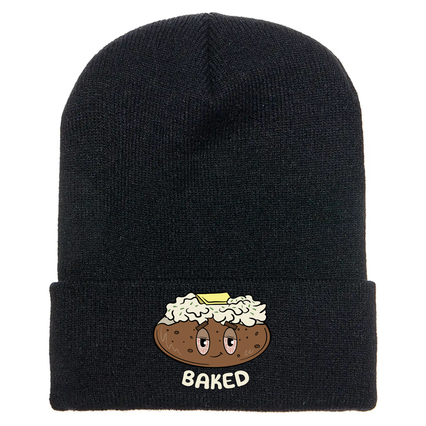 Black acrylic beanie with a cartoon baked potato with sour cream, butter, tired eyes, and the word "BAKED" underneath.