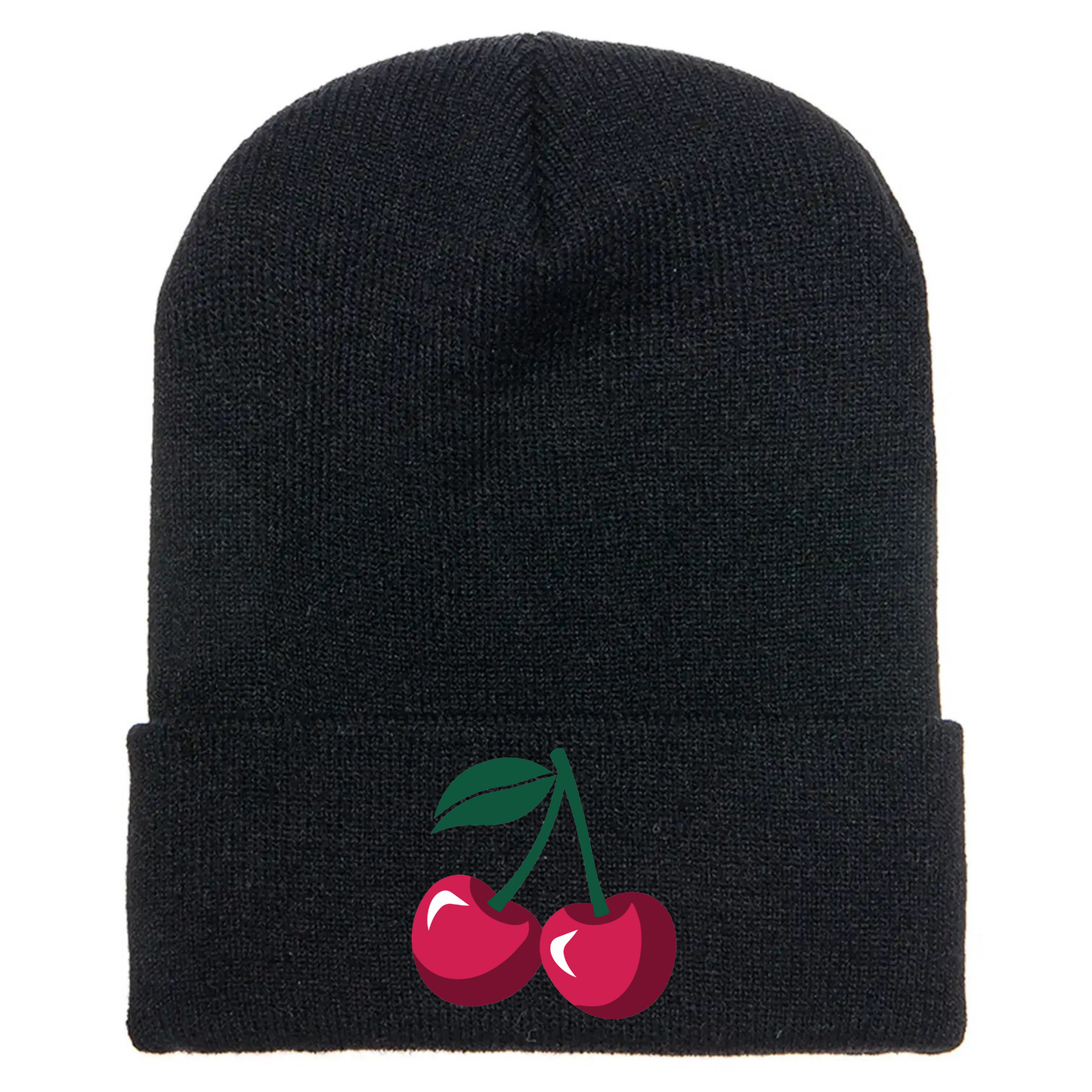 Black acrylic beanie with image of two cartoon red cherries and a green stem.