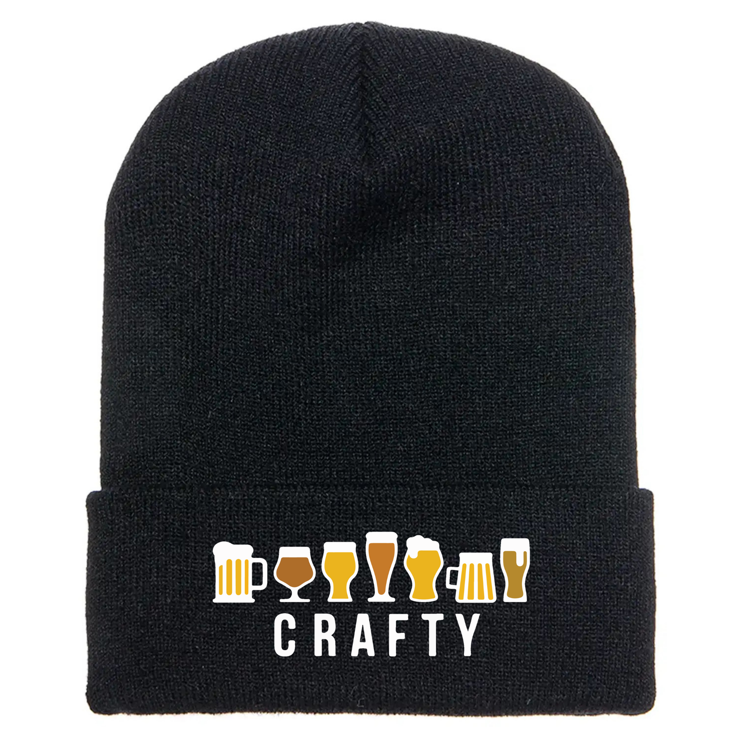 Black acrylic beanie with seven cartoon beer glasses above the word “CRAFTY” in bold white text.