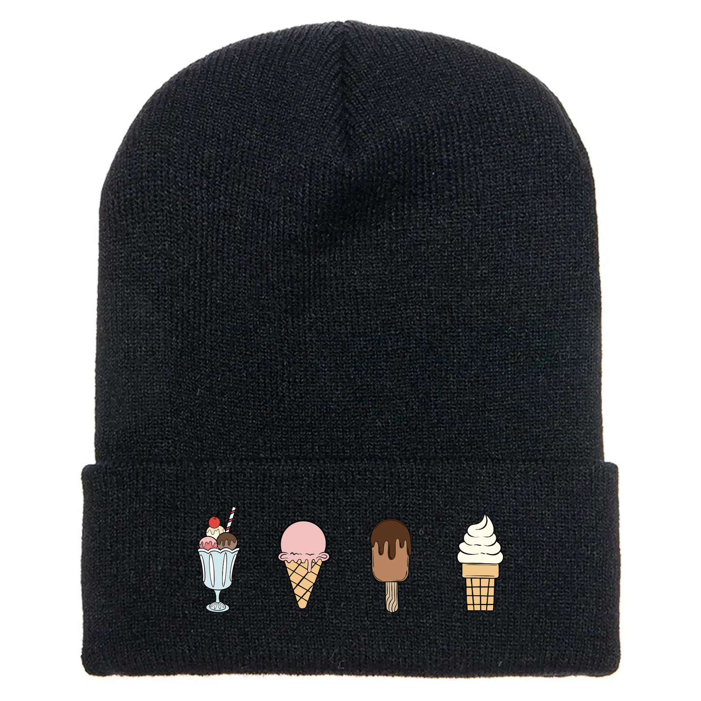 Black acrylic cuffed beanie with four cartoon ice cream designs: sundae, cone, chocolate bar, and soft serve.
