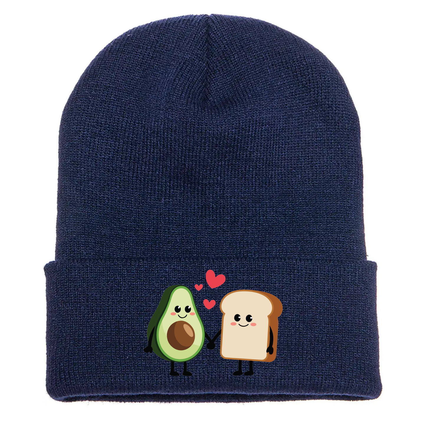 Navy acrylic beanie with cartoon avocado toast characters holding hands, smiling, with red hearts floating above them.