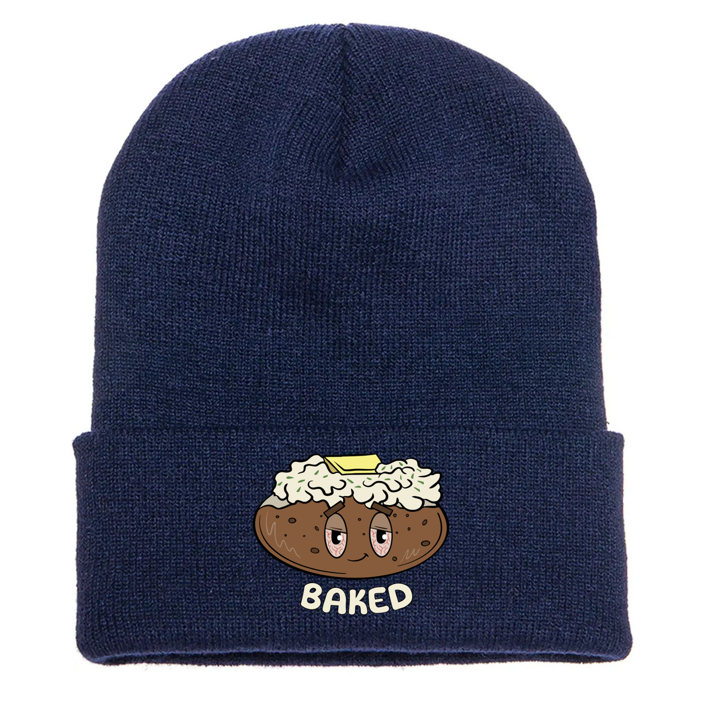 Navy acrylic beanie with a cartoon baked potato with sour cream, butter, tired eyes, and the word "BAKED" underneath.