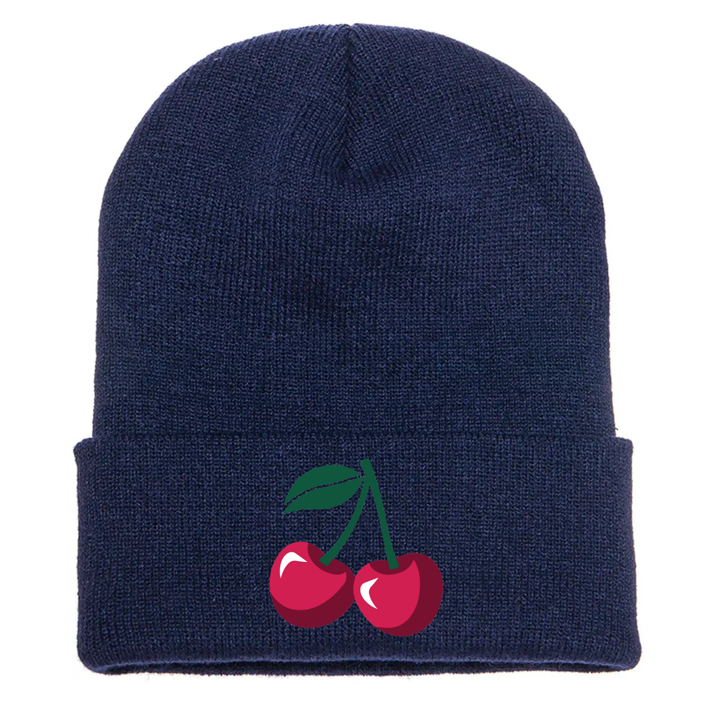 Navy acrylic beanie with image of two
cartoon red cherries and a green stem.