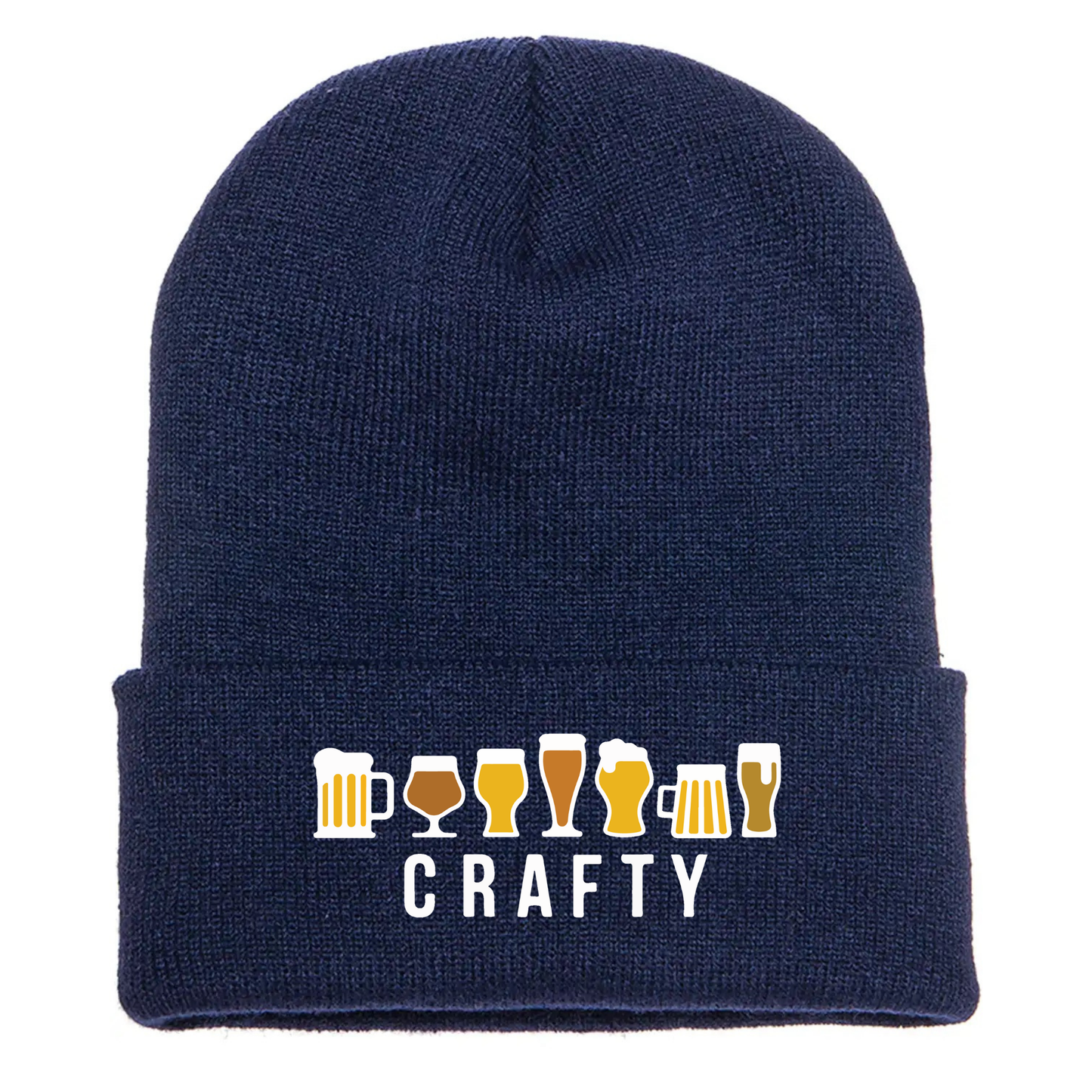 Navy acrylic beanie with seven cartoon beer glasses above the word “CRAFTY” in bold white text.