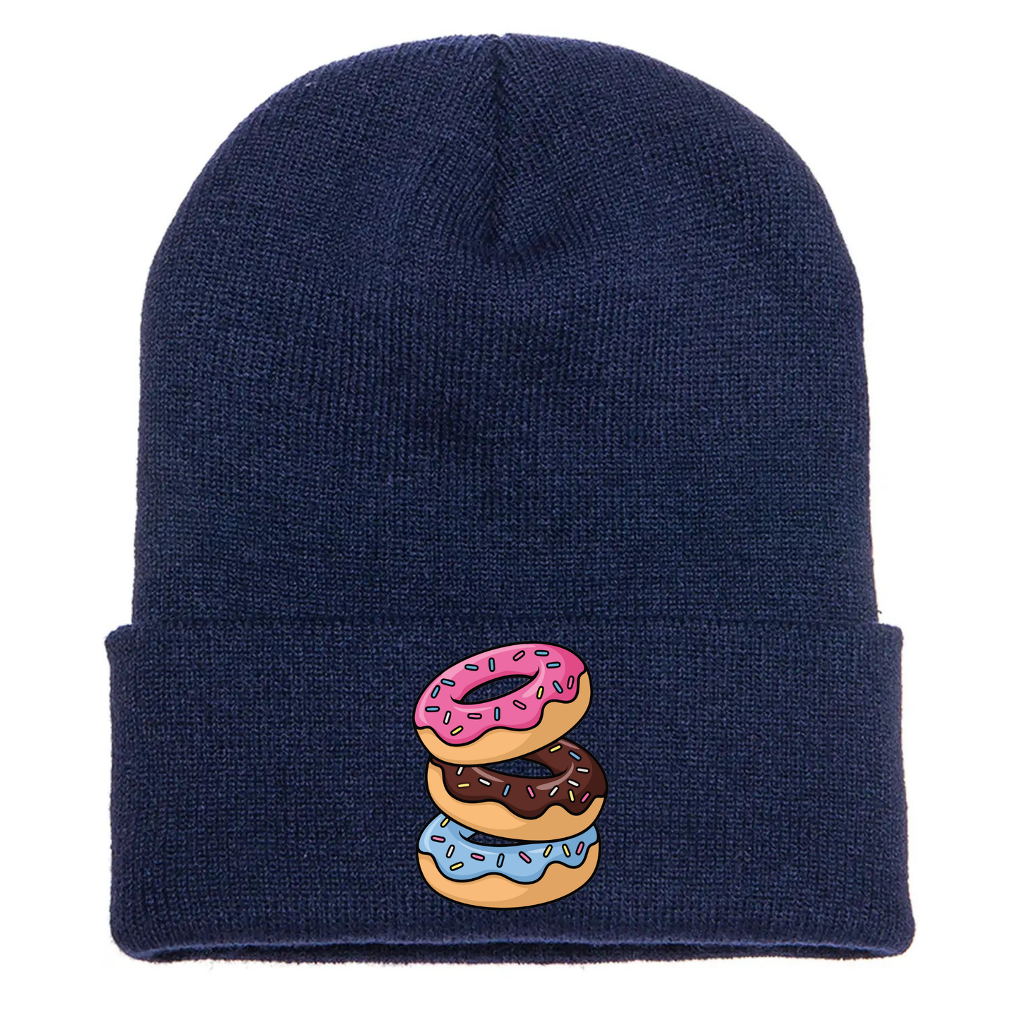 Navy acrylic beanie with stacked cartoon doughnuts featuring sprinkles and colorful frosting designs.