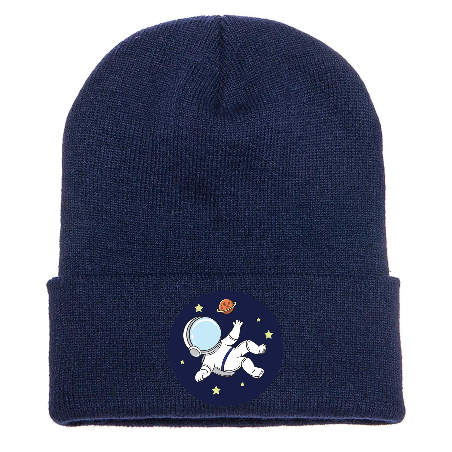 Navy acrylic beanie with a cartoon astronaut floating in space, surrounded by stars and a red planet on a blue circle.