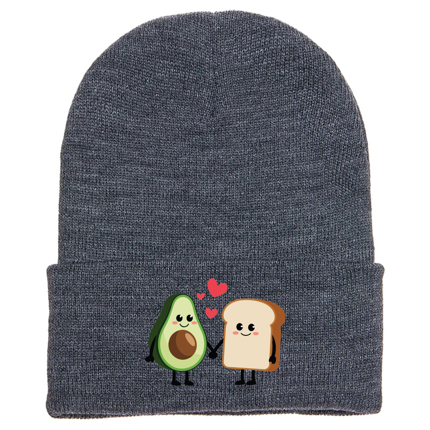 Gray acrylic beanie with cartoon avocado toast characters holding hands, smiling, with red hearts floating above them.
