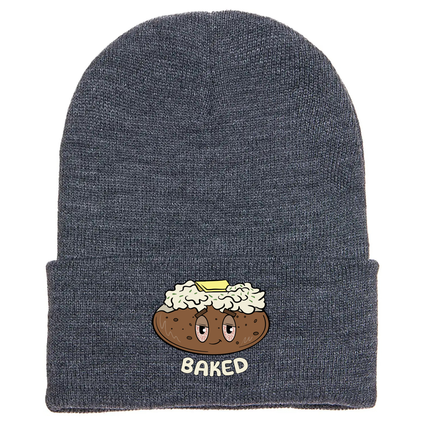 Gray acrylic beanie with a cartoon baked potato with sour cream, butter, tired eyes, and the word "BAKED" underneath.
