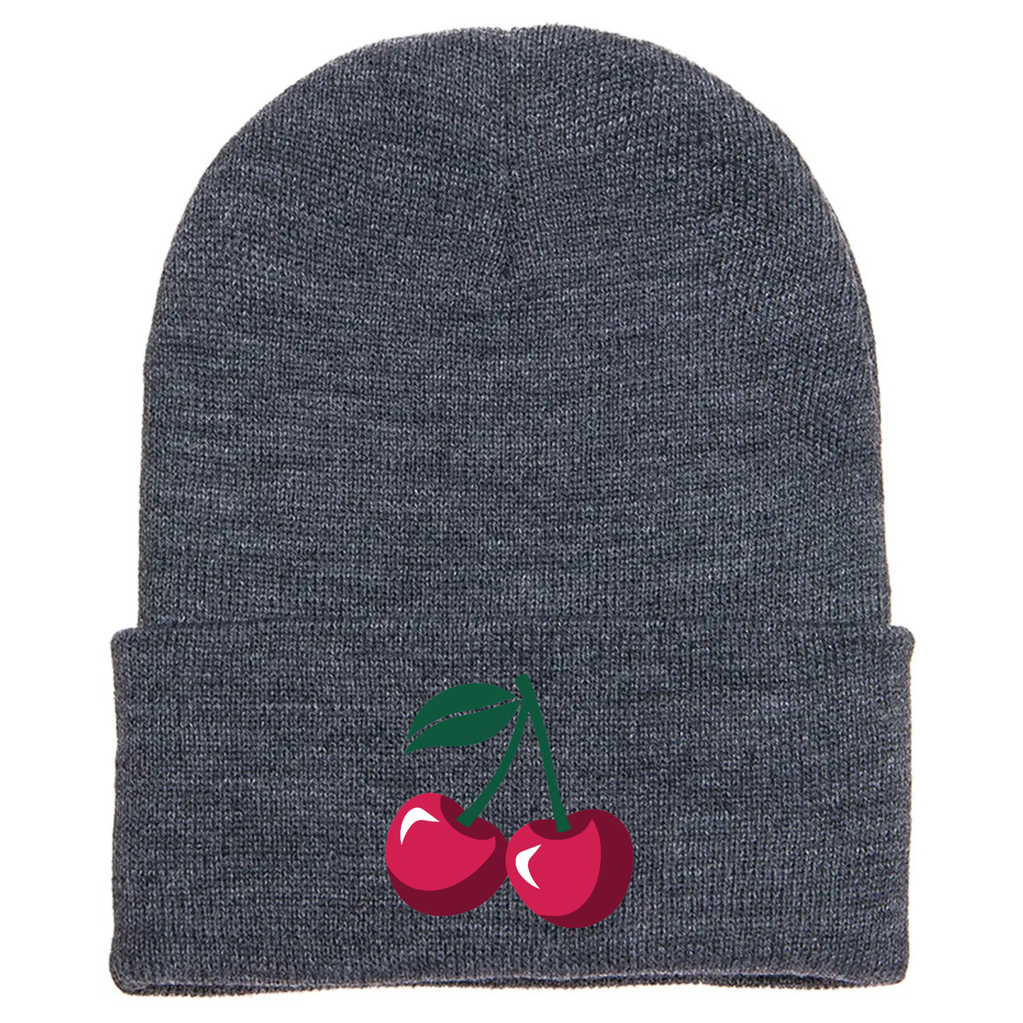 Gray acrylic beanie with image of two cartoon red cherries and a green stem.