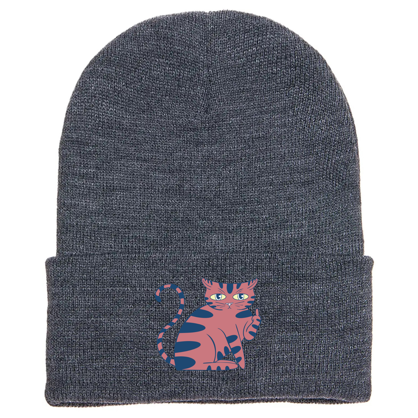 Gray cuffed beanie made of acrylic material with a cartoon cat sitting giving the middle finger.