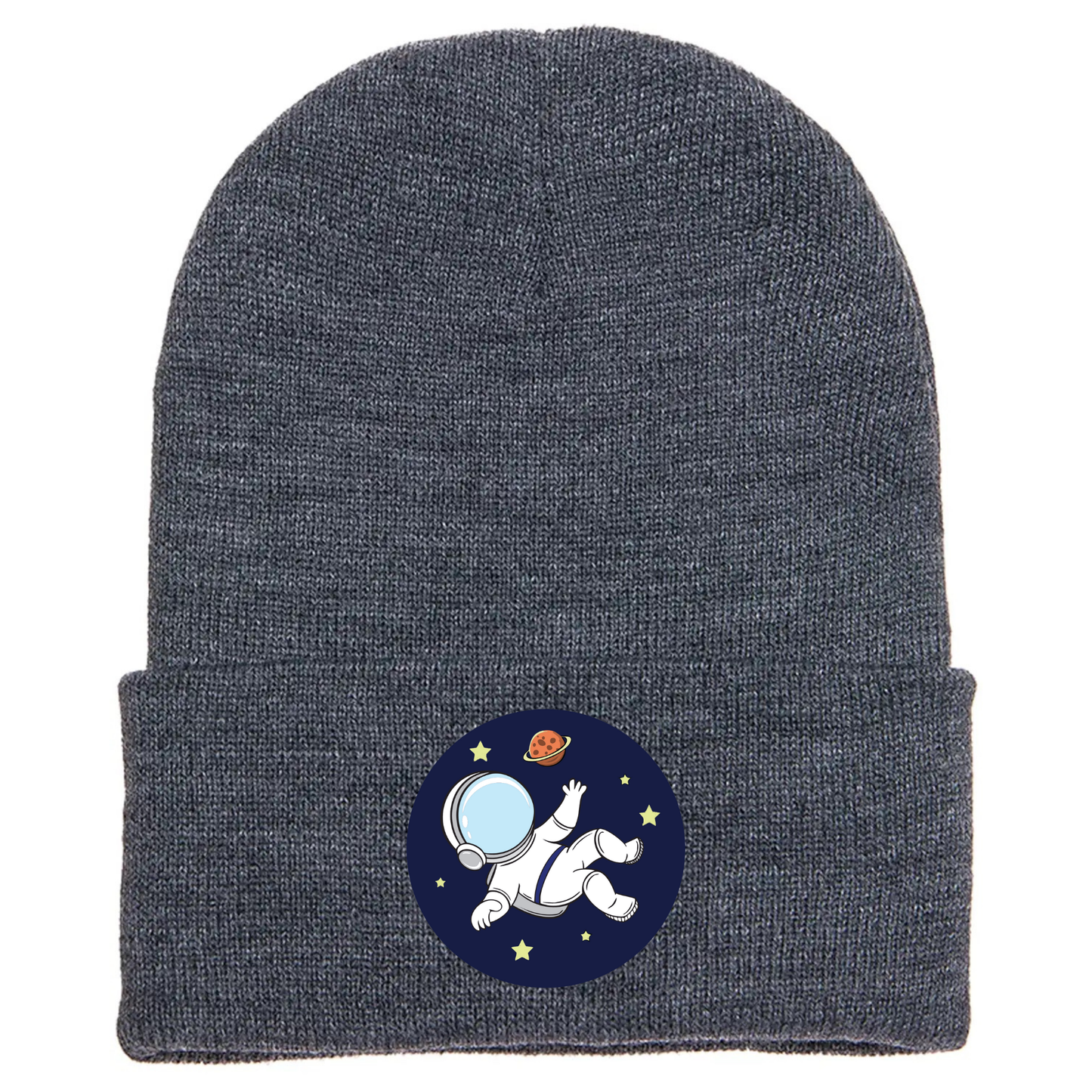 Gray acrylic beanie with a cartoon astronaut floating in space, surrounded by stars and a red planet on a blue circle.