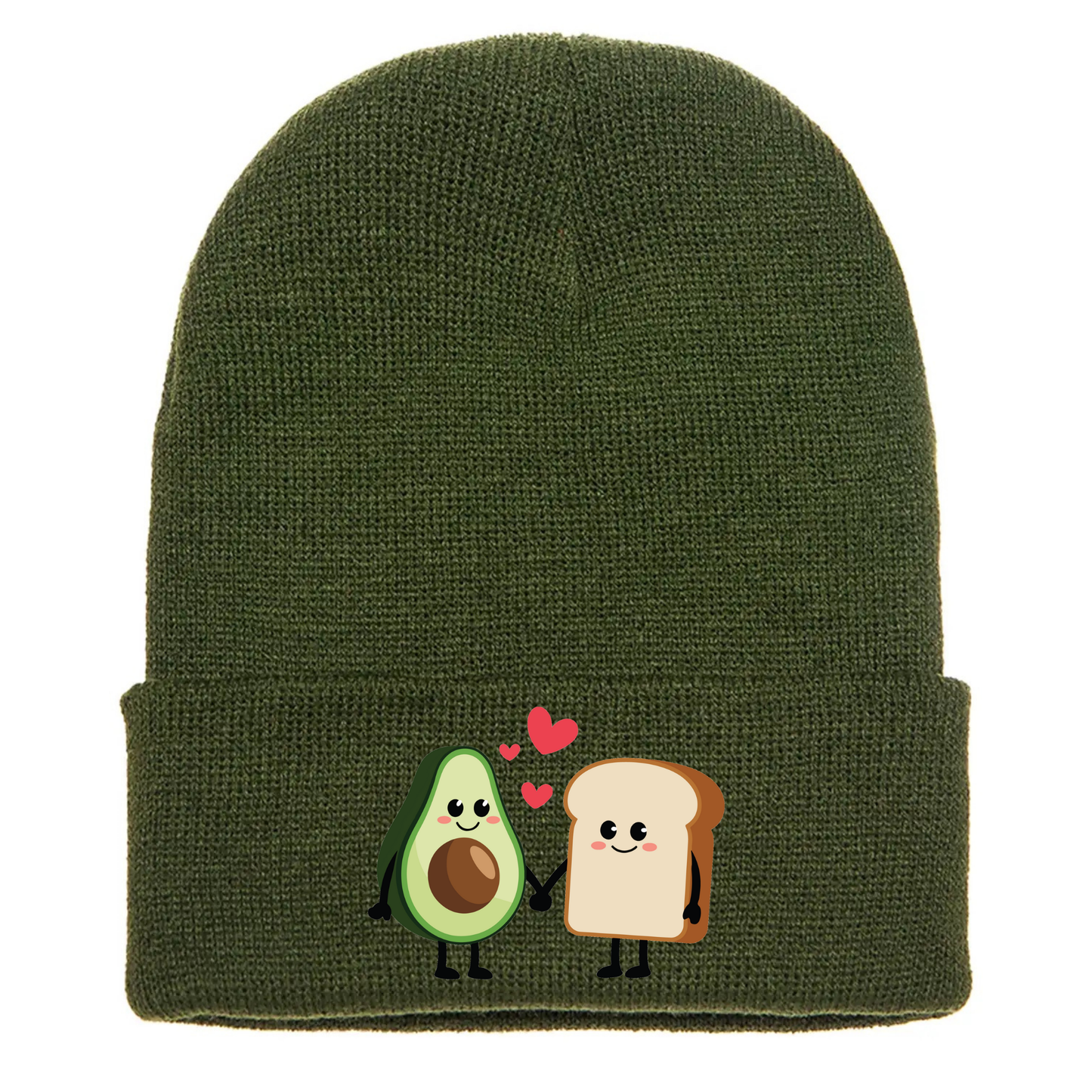Olive green acrylic beanie with cartoon avocado toast characters holding hands, smiling, with red hearts floating above them.