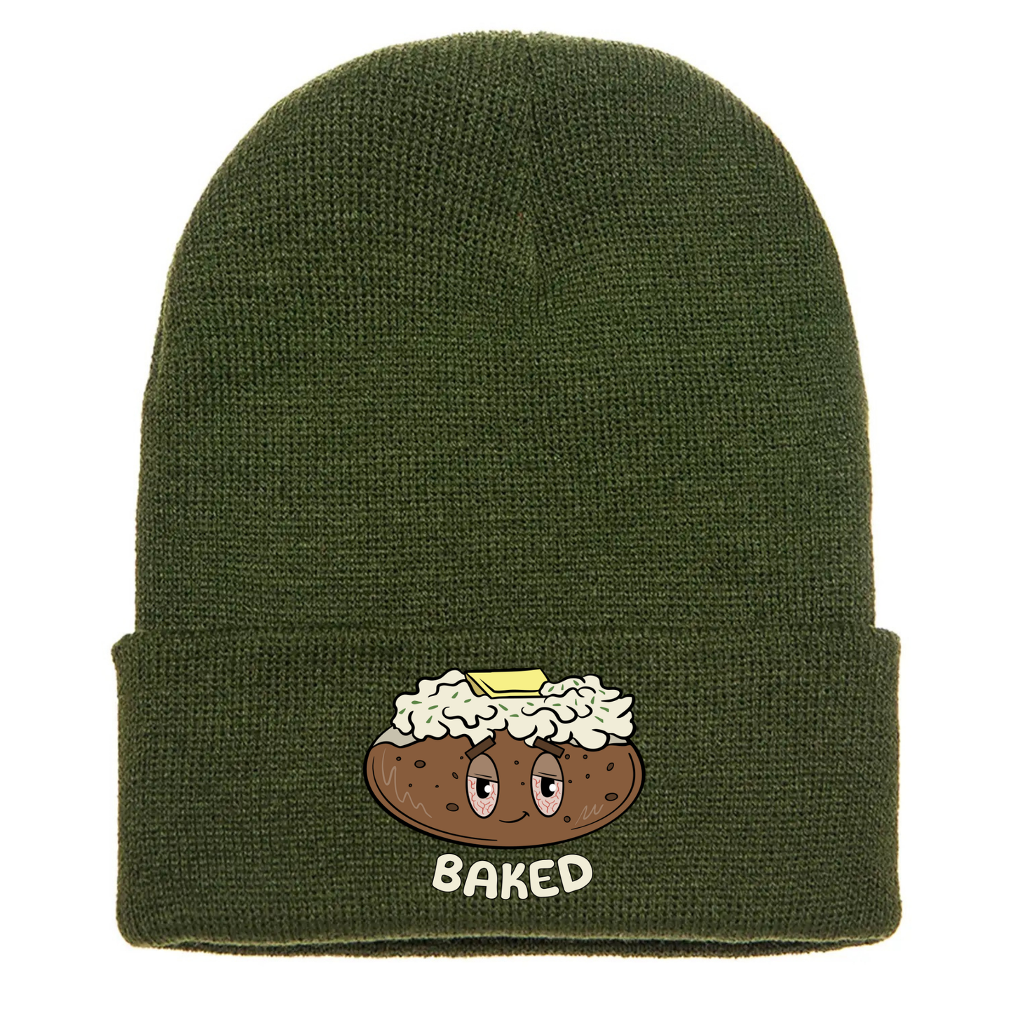 Olive green acrylic beanie with a cartoon baked potato with sour cream, butter, tired eyes, and the word "BAKED" underneath.