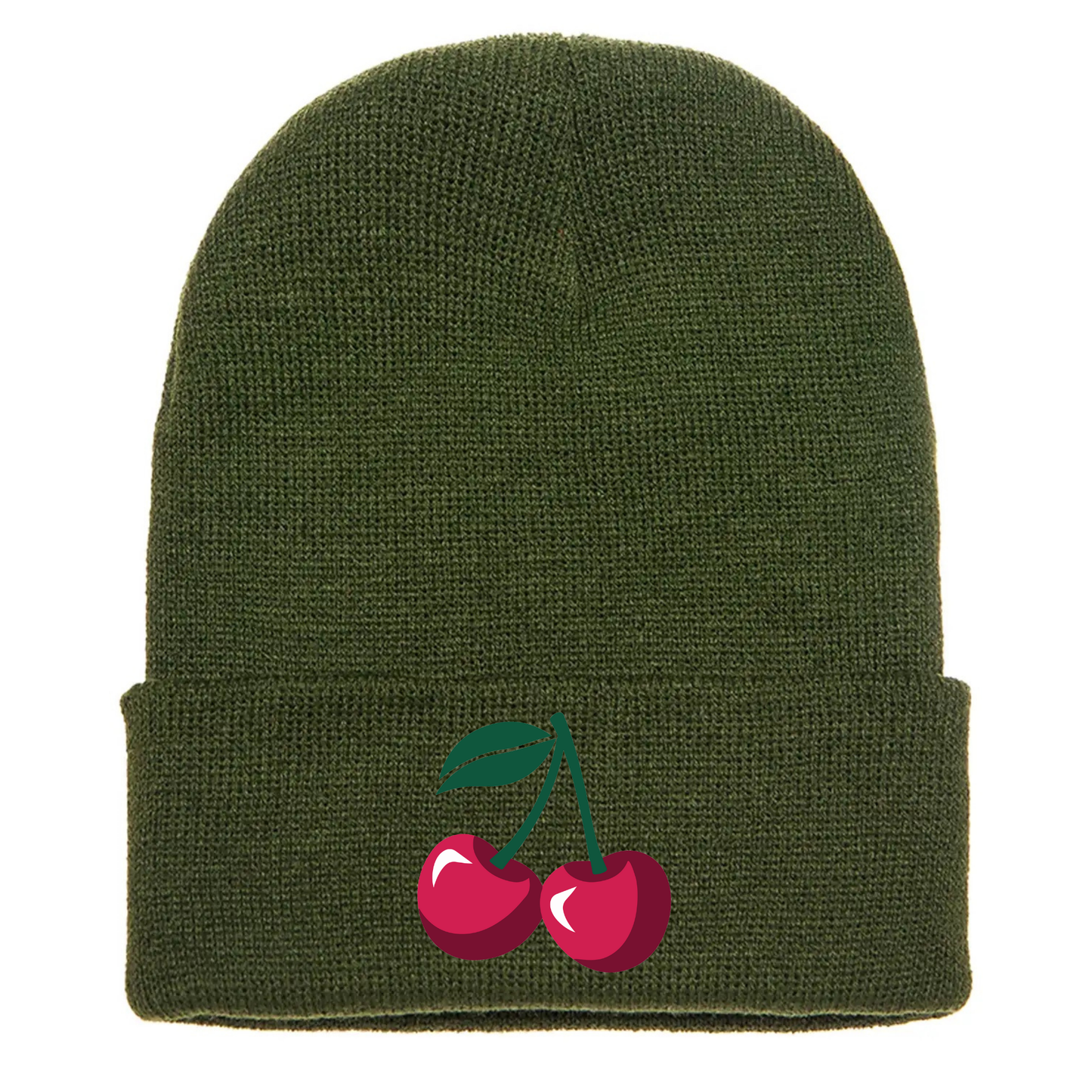 Olive green acrylic beanie with image of two cartoon red cherries and a green stem.