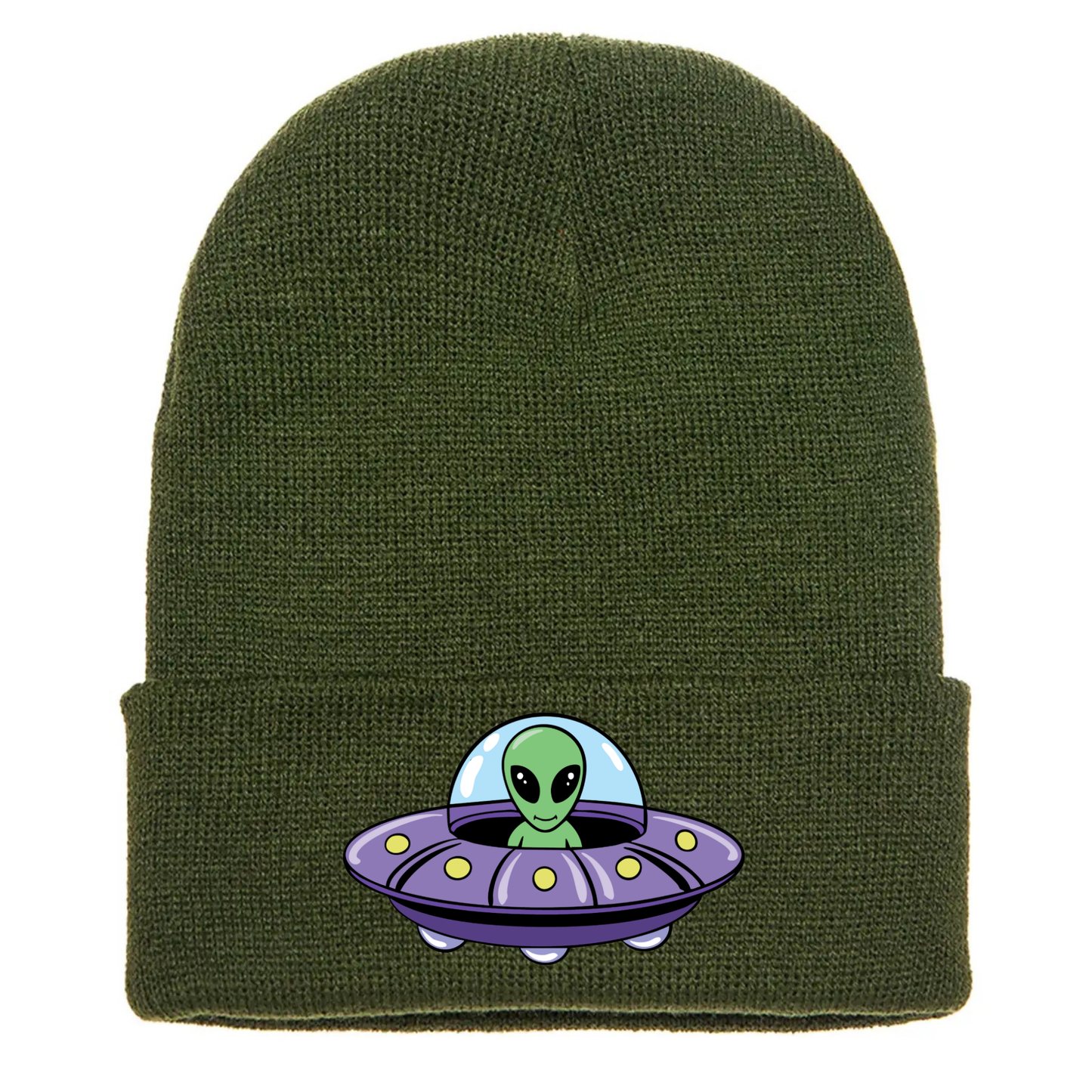 Olive green acrylic beanie featuring a cartoon alien inside a purple flying saucer with yellow lights and a blue dome.