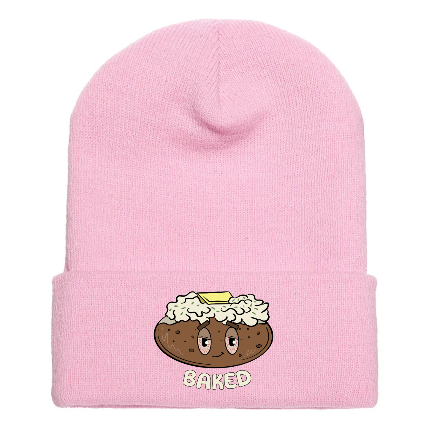 Pink acrylic beanie with a cartoon baked potato with sour cream, butter, tired eyes, and the word "BAKED" underneath.