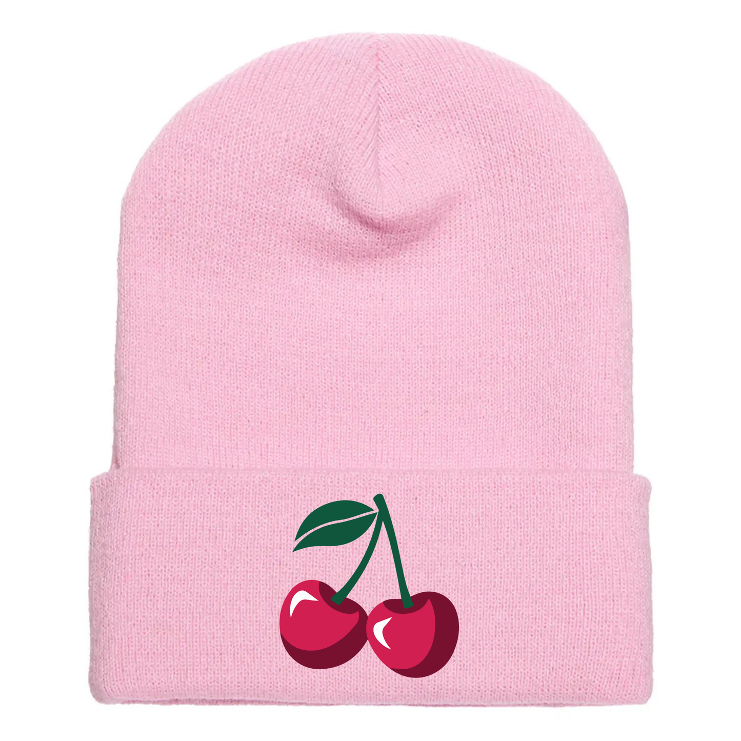 Pink acrylic beanie with image of two cartoon red cherries and a green stem.
