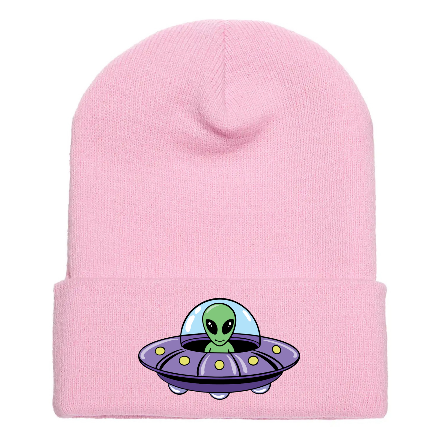 Pink acrylic beanie featuring a cartoon alien inside a purple flying saucer with yellow lights and a blue dome.