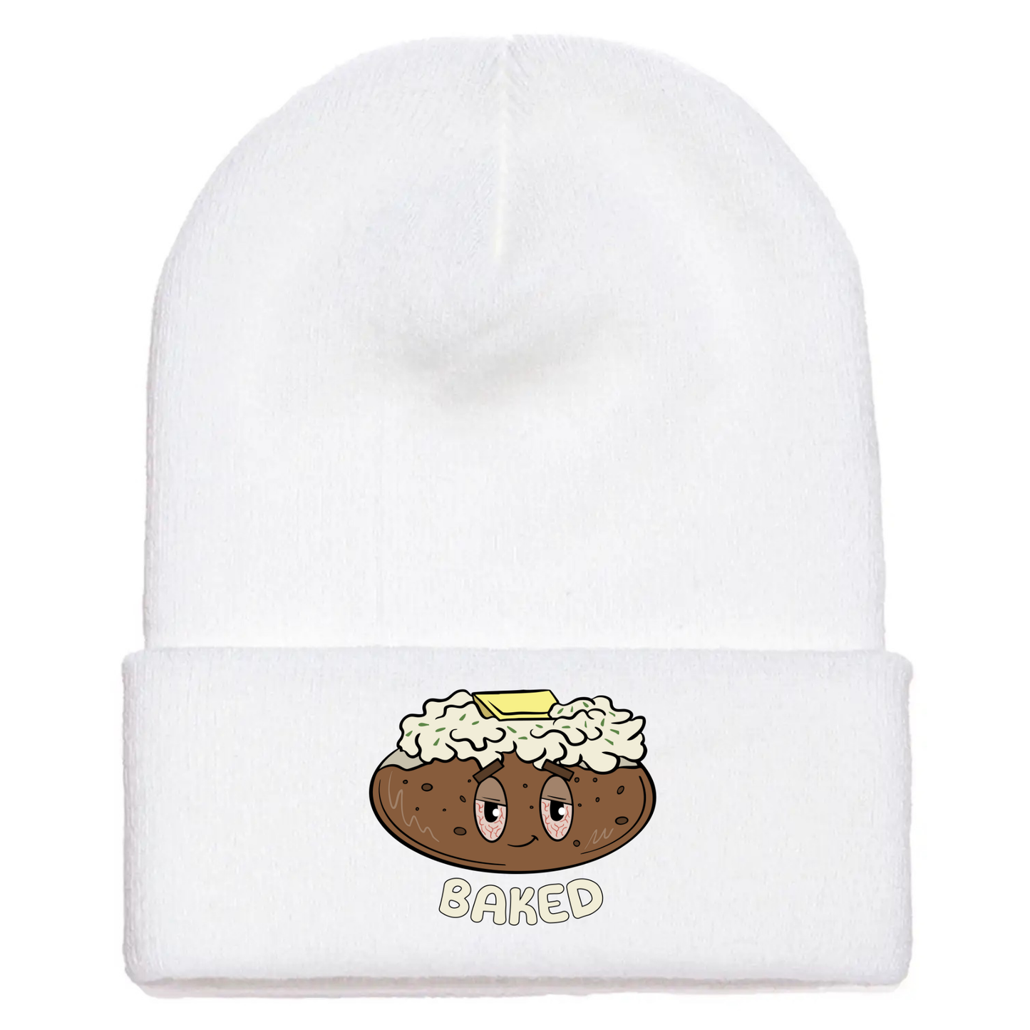 White acrylic beanie with a cartoon baked potato with sour cream, butter, tired eyes, and the word "BAKED" underneath.