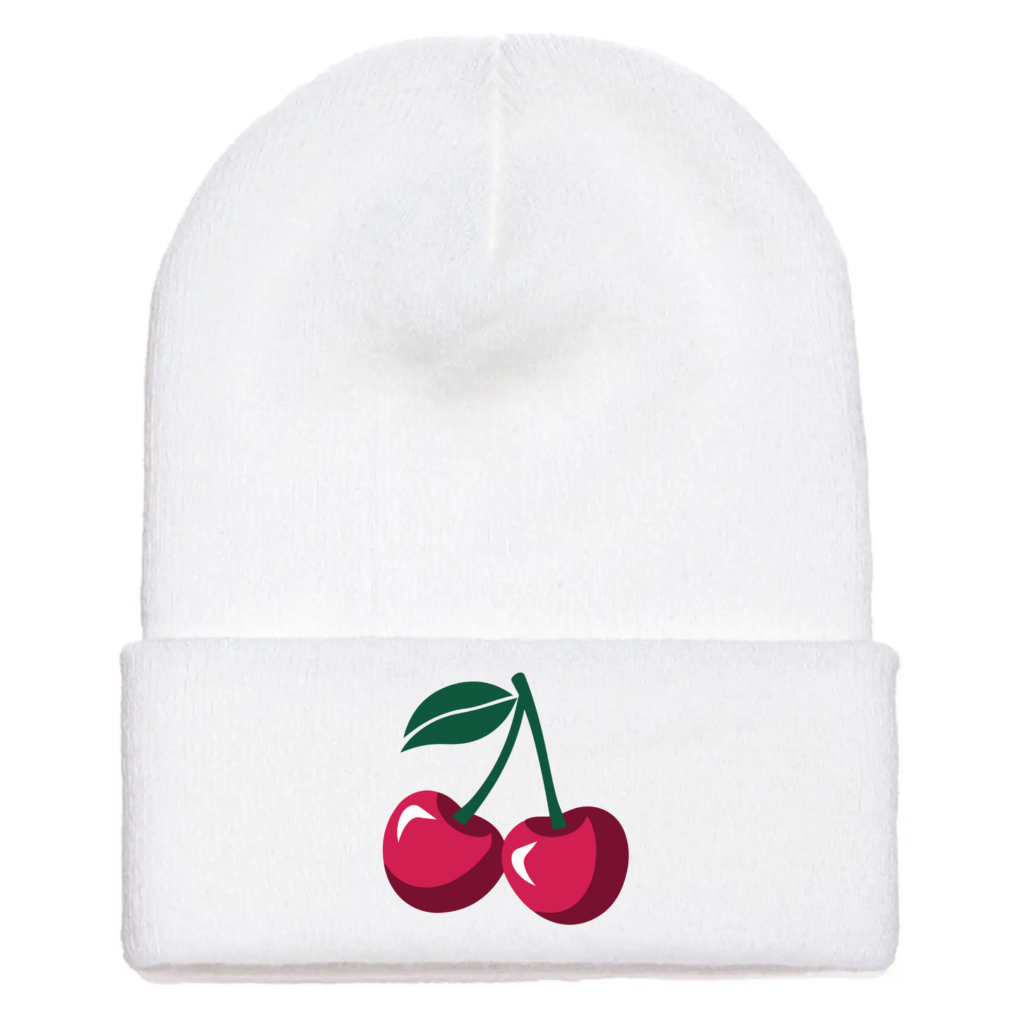 White acrylic beanie with image of two cartoon red cherries and a green stem.