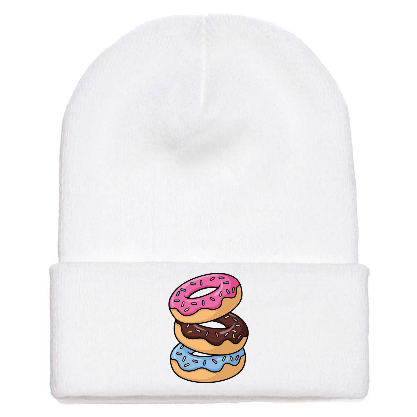 White acrylic beanie with stacked cartoon doughnuts featuring sprinkles and colorful frosting designs.