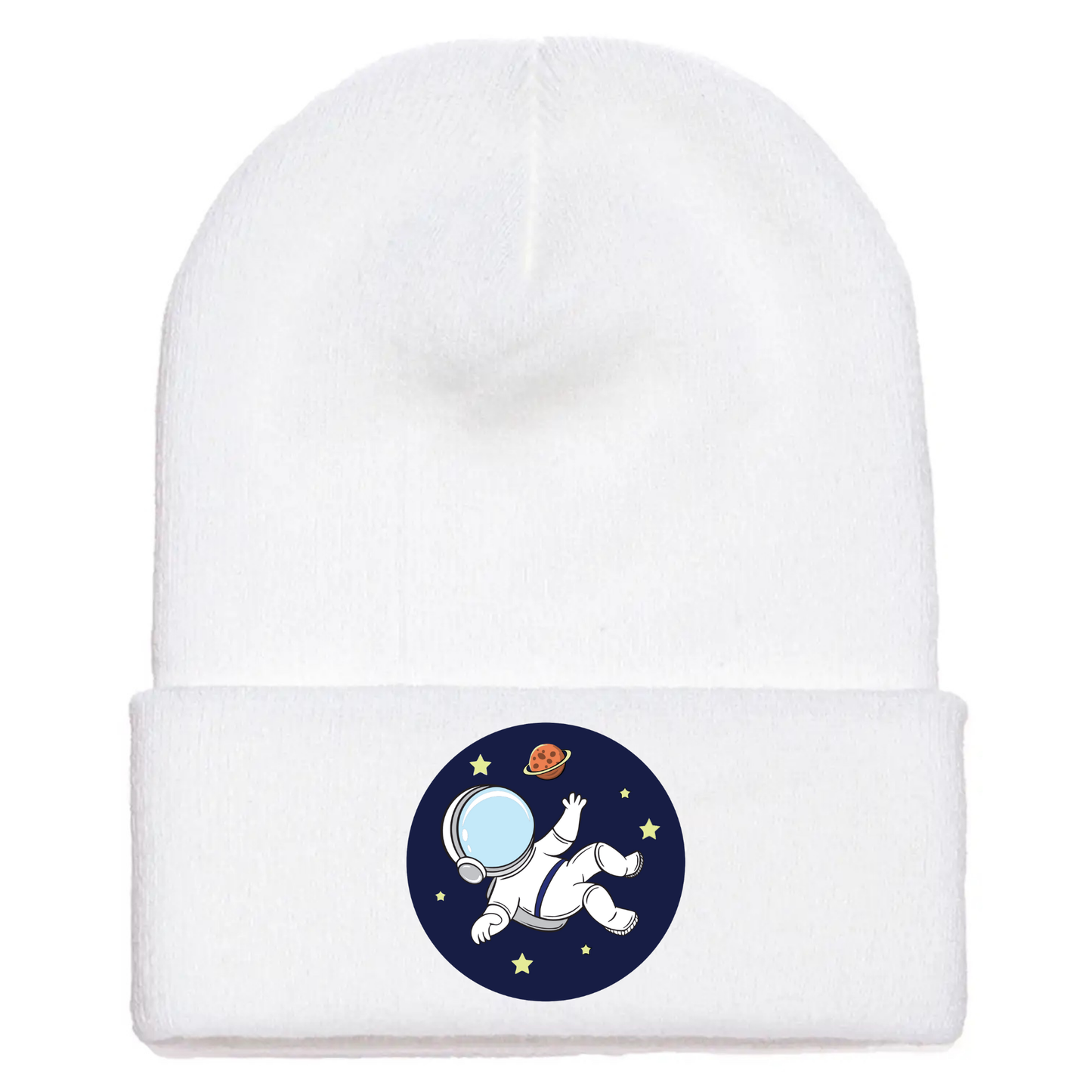 White acrylic beanie with a cartoon astronaut floating in space, surrounded by stars and a red planet on a blue circle.