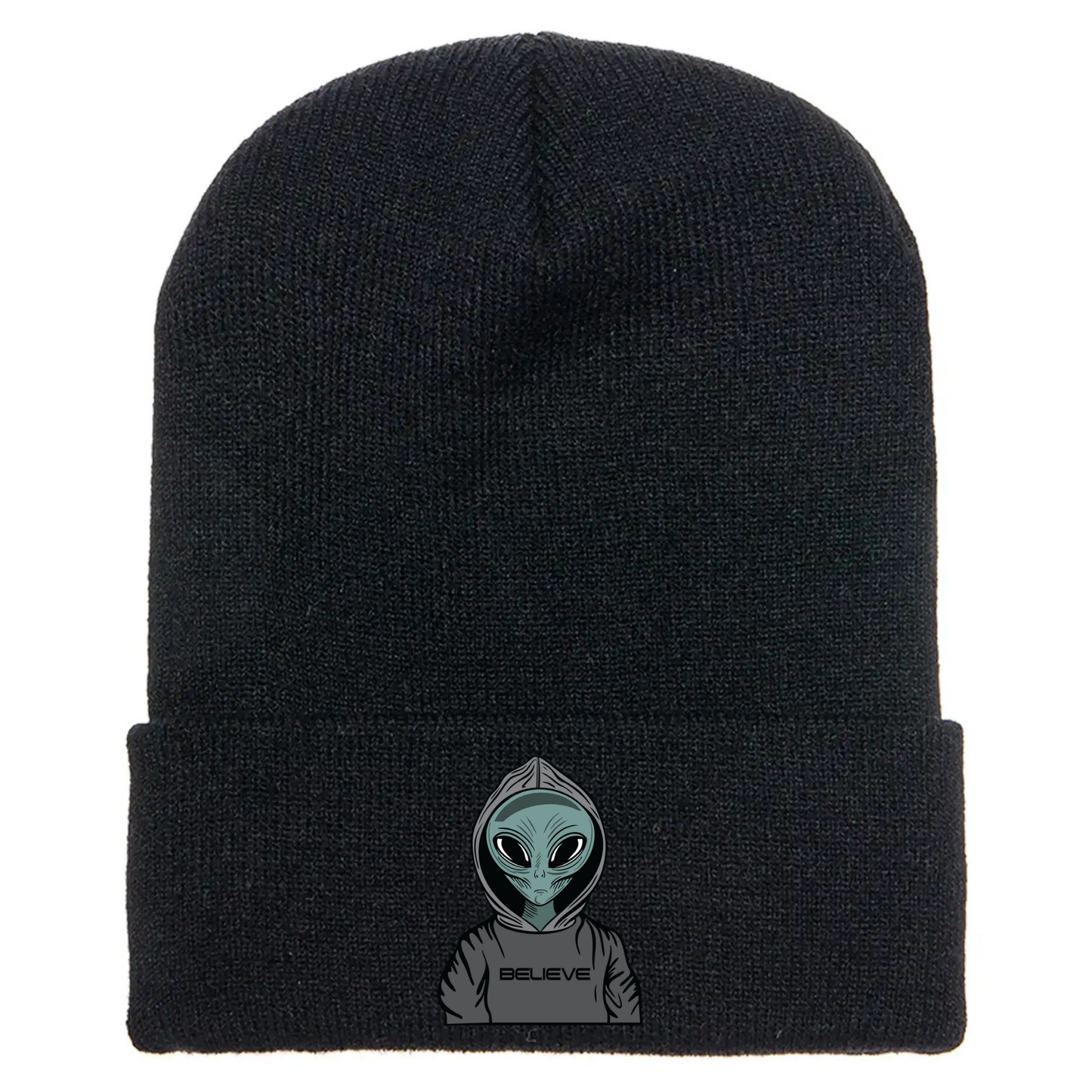 Black acrylic beanie featuring a serious cartoon alien in a gray hoodie with the word “BELIEVE” printed across the front.