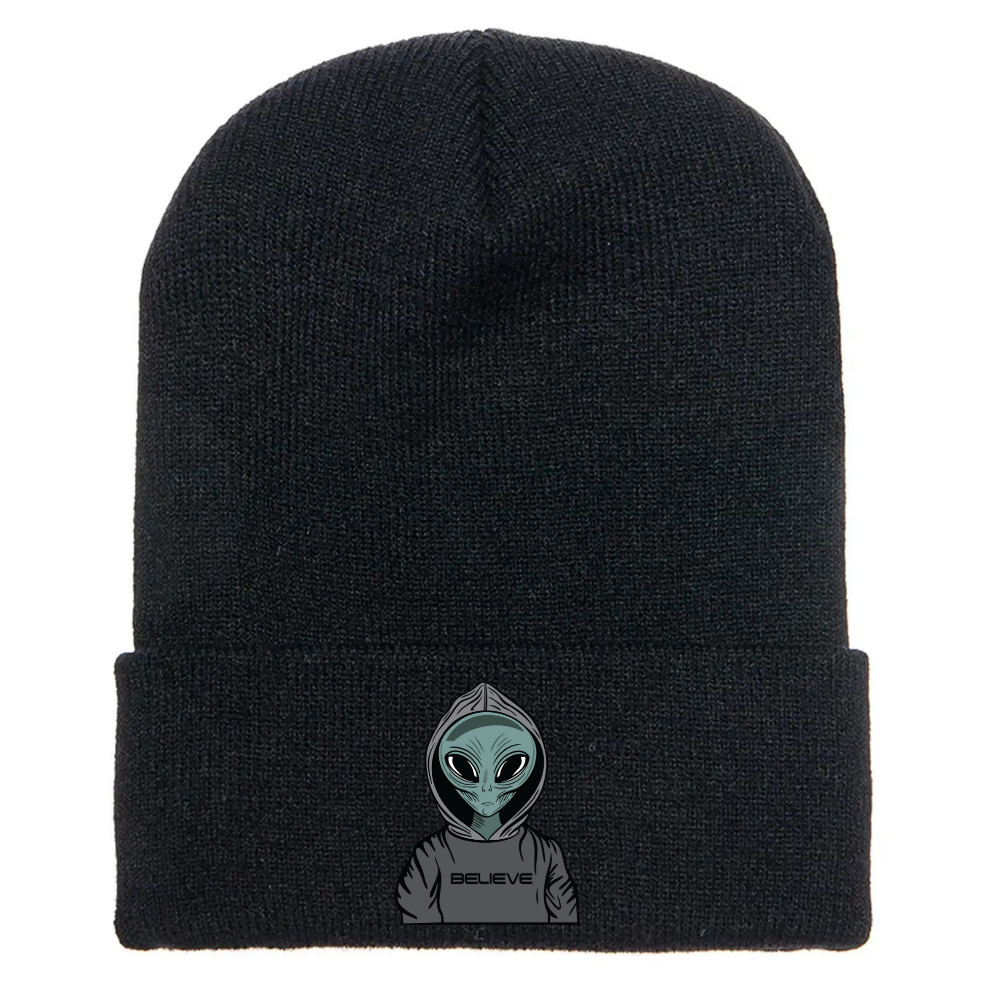 Black acrylic beanie featuring a serious cartoon alien in a gray hoodie with the word “BELIEVE” printed across the front.