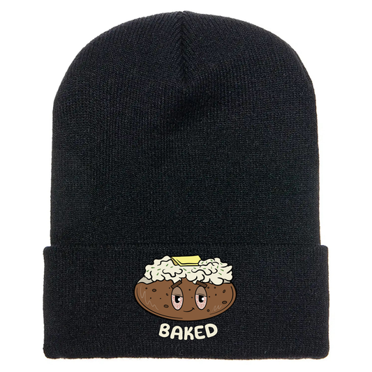 Black acrylic beanie with a cartoon baked potato with sour cream, butter, tired eyes, and the word "BAKED" underneath.