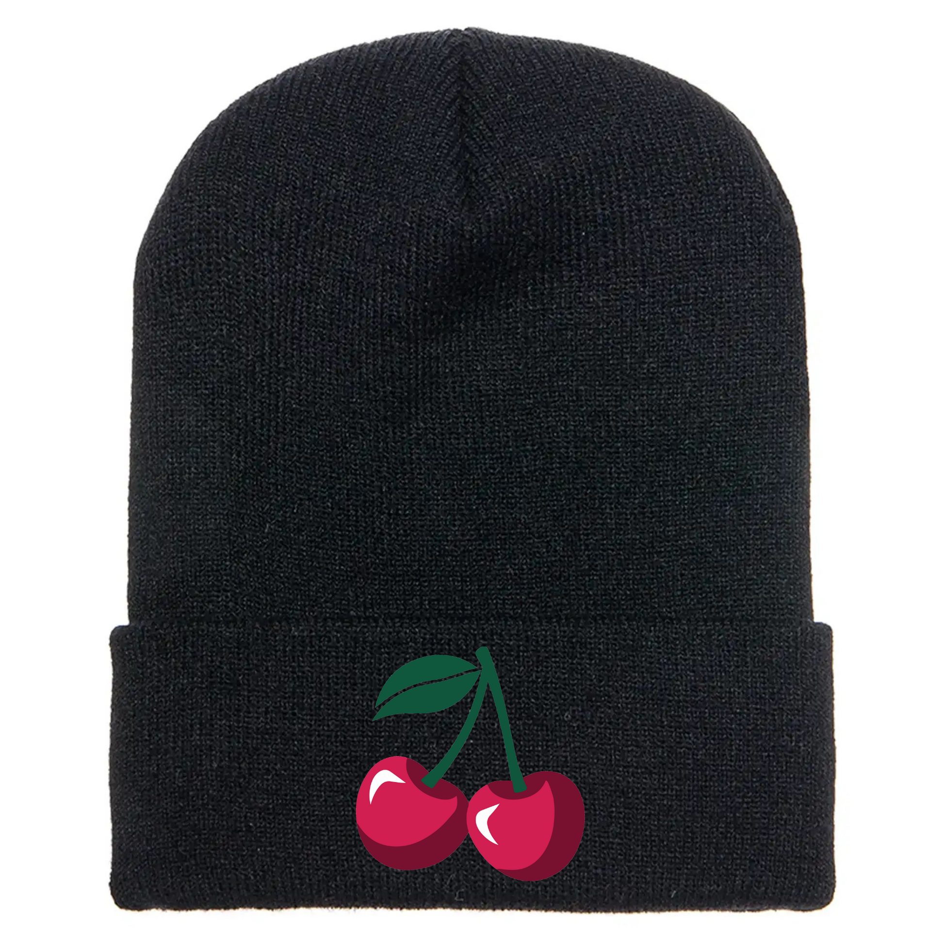 Black acrylic beanie with image of two cartoon red cherries and a green stem.