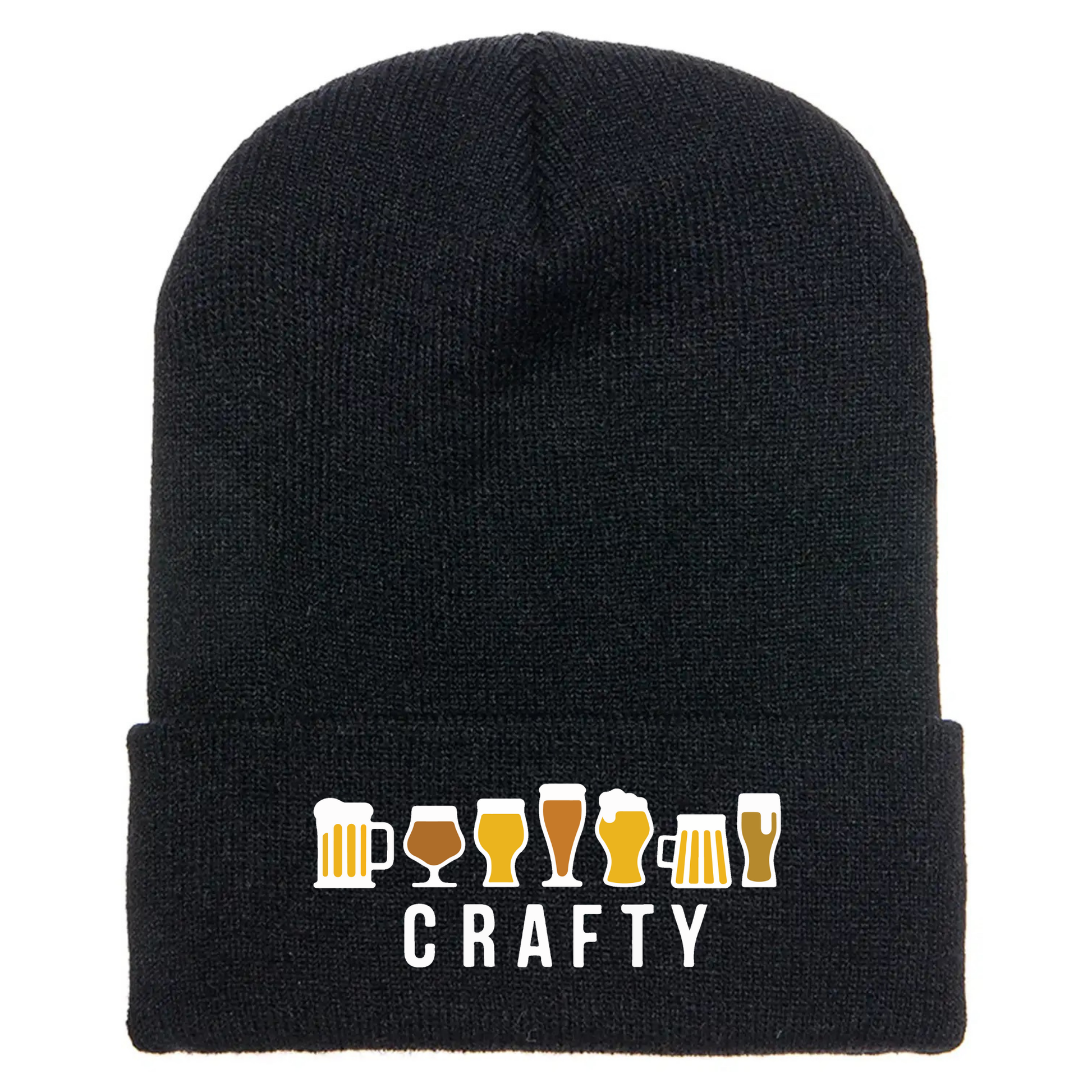 Black acrylic beanie with seven cartoon beer glasses above the word “CRAFTY” in bold white text.