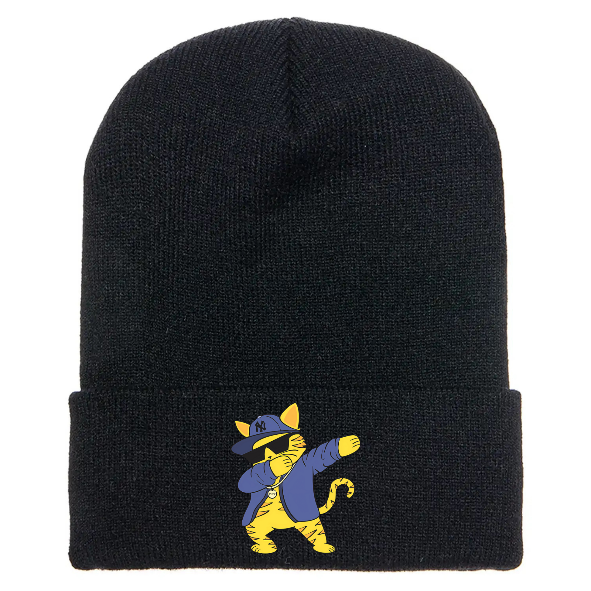 Black cuffed beanie made of acrylic material with a cartoon cat dabb dancing in streetwear style.