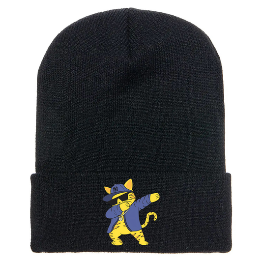 Black cuffed beanie made of acrylic material with a cartoon cat dabb dancing in streetwear style.