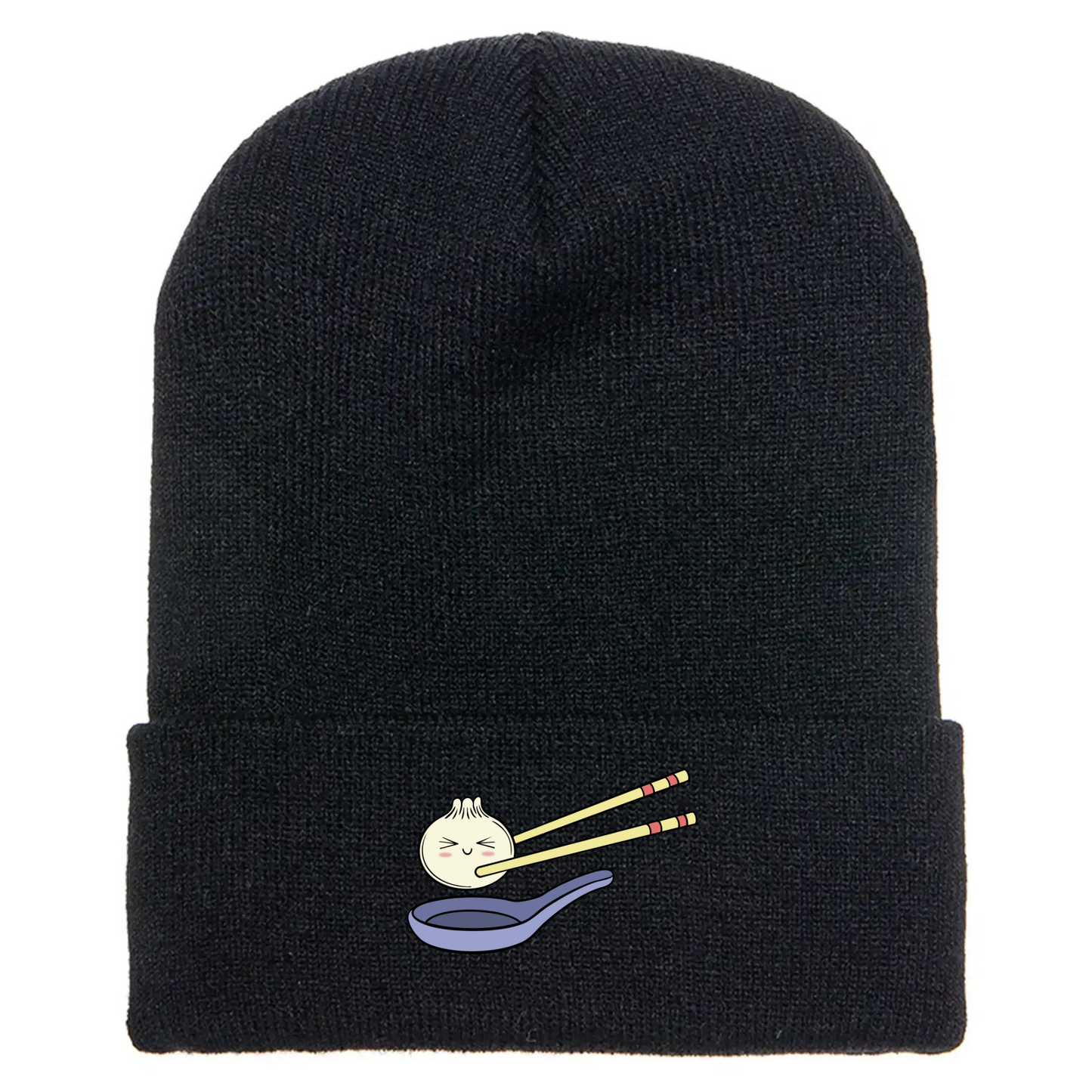 Black acrylic cuffed beanie with a cute cartoon dumpling held by chopsticks over a blue soup spoon.