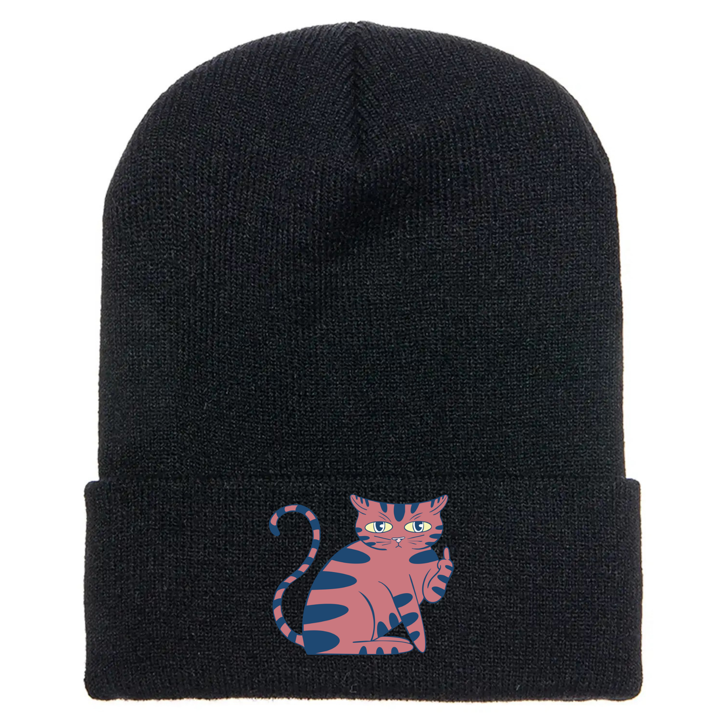 Black cuffed beanie made of acrylic material with a cartoon cat sitting giving the middle finger up.