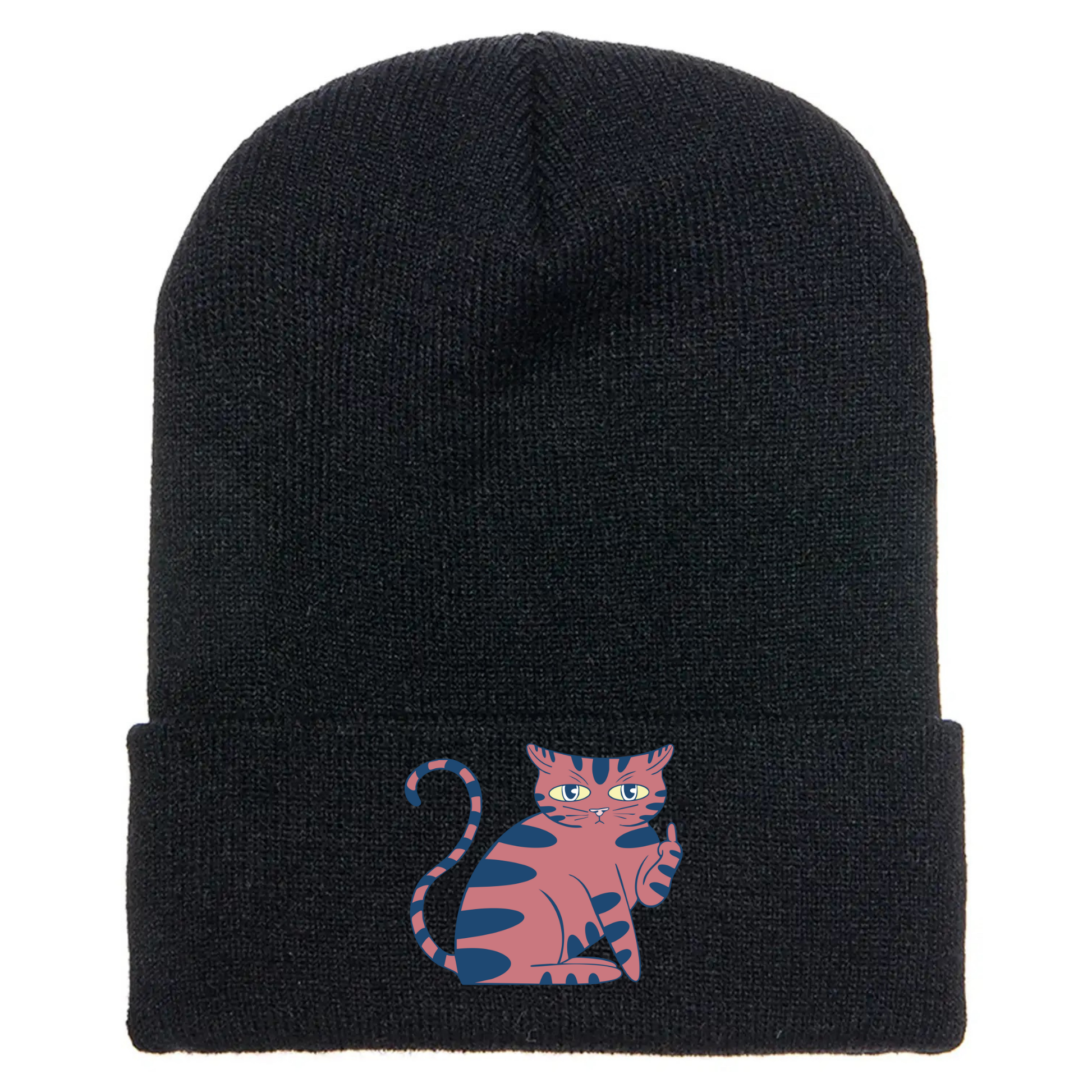 Black cuffed beanie made of acrylic material with a cartoon cat sitting giving the middle finger up.