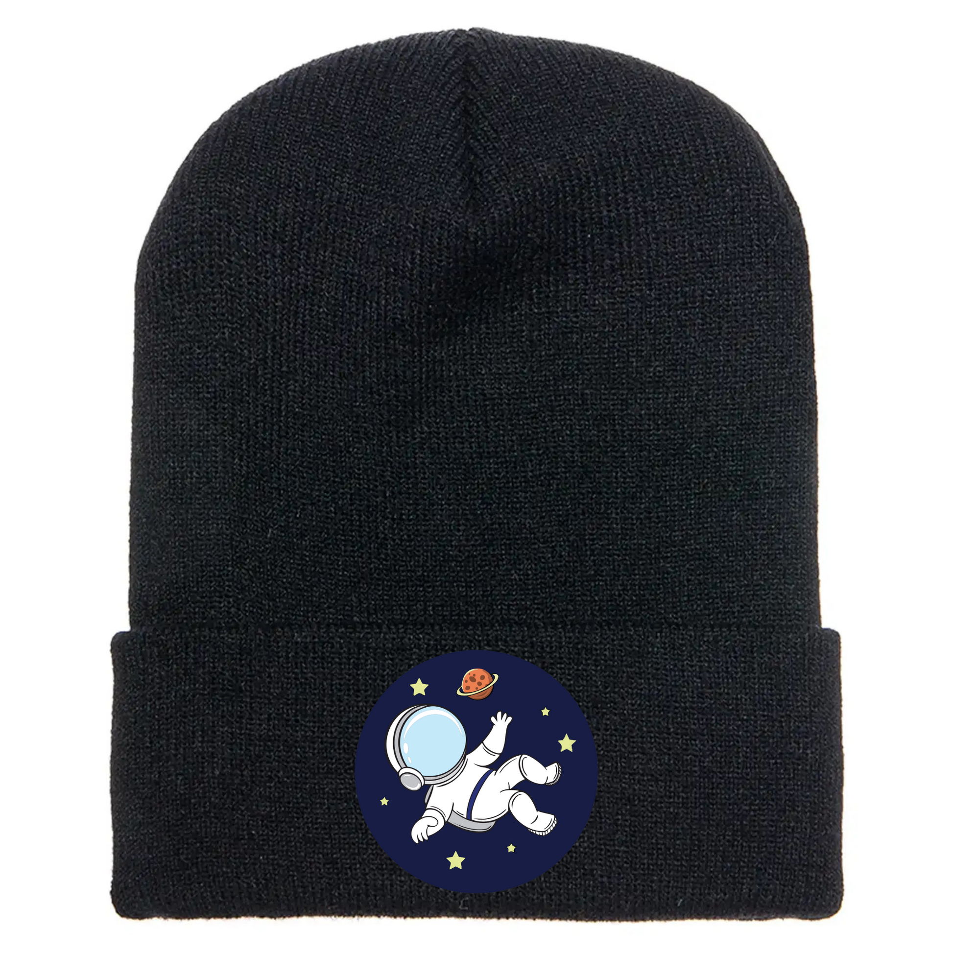 Black acrylic beanie with a cartoon astronaut floating in space, surrounded by stars and a red planet on a blue circle.