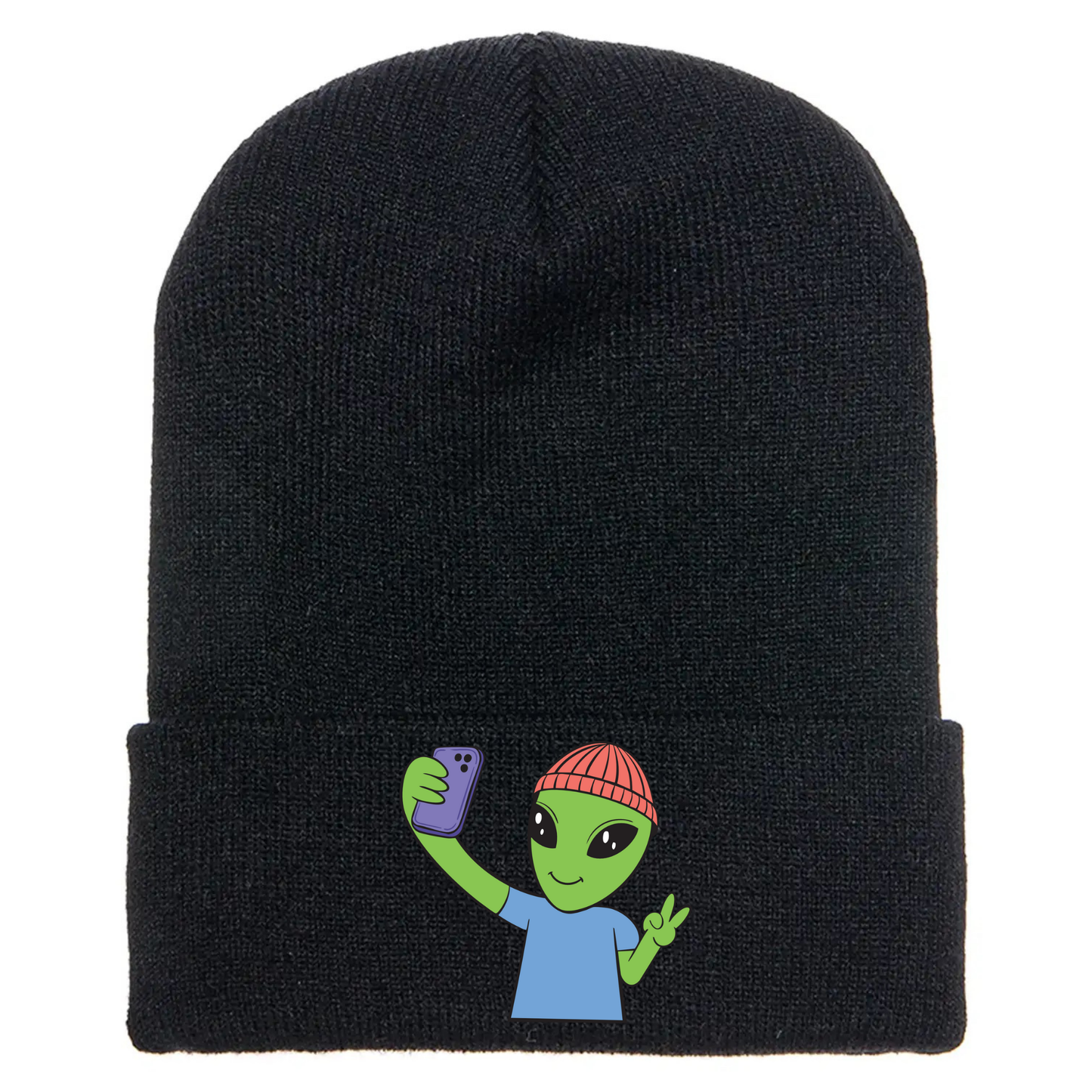 Black acrylic beanie featuring a cartoon alien in a red beanie taking a selfie and flashing a peace sign with one hand.