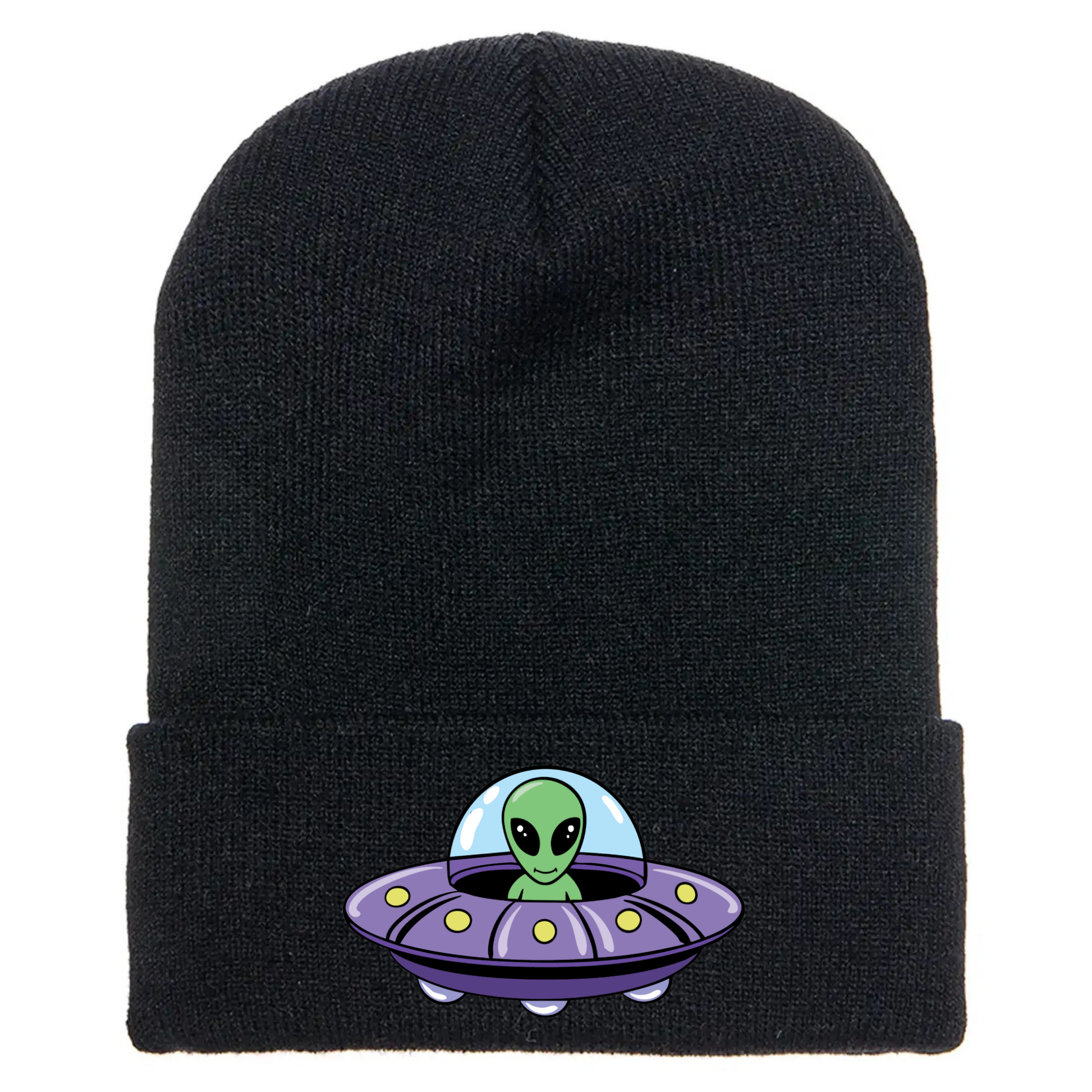 Black acrylic beanie featuring a cartoon alien inside a purple flying saucer with yellow lights and a blue dome.