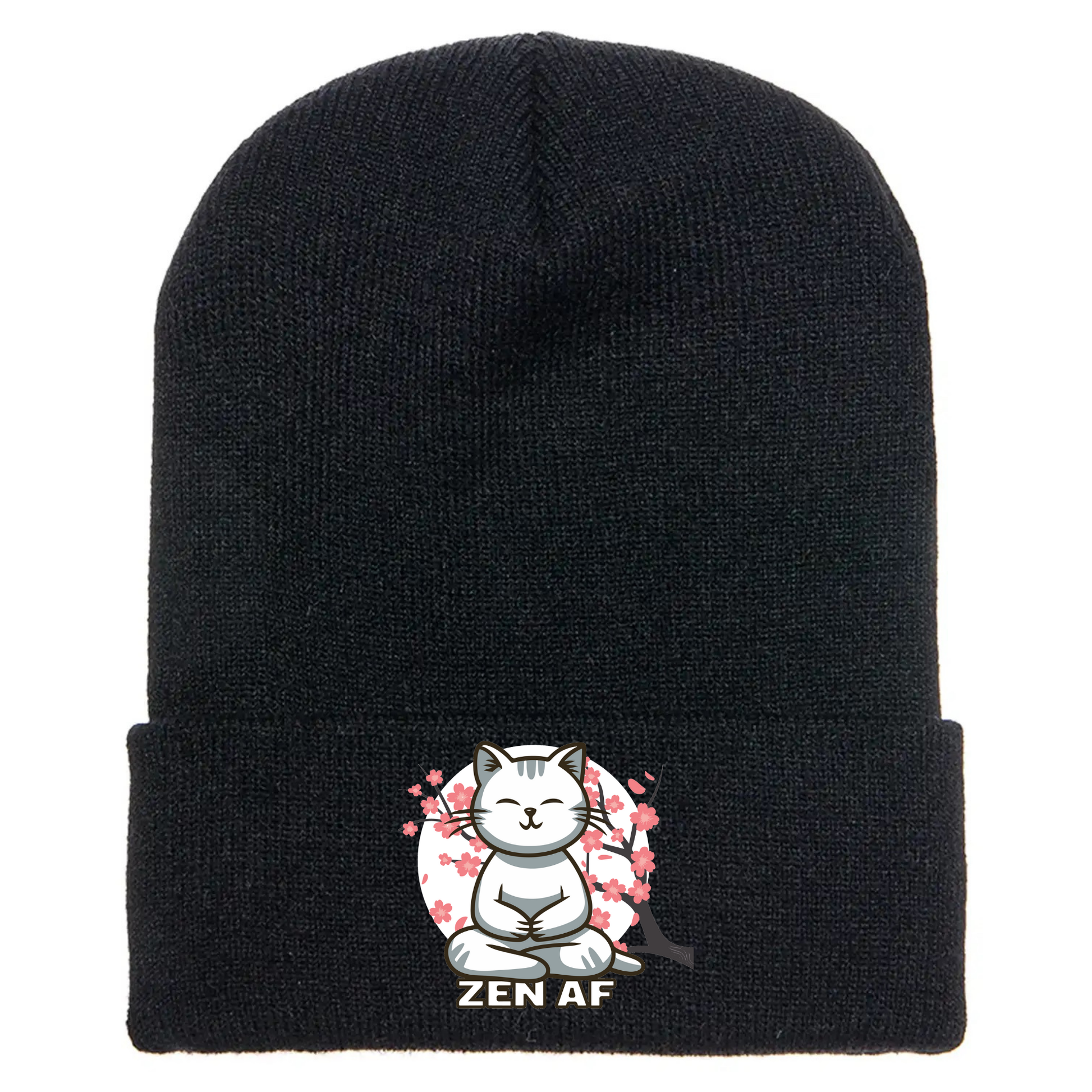Black cuffed beanie made of acrylic material with a meditating cartoon cat with cherry blossoms and the phrase “ZEN AF” below