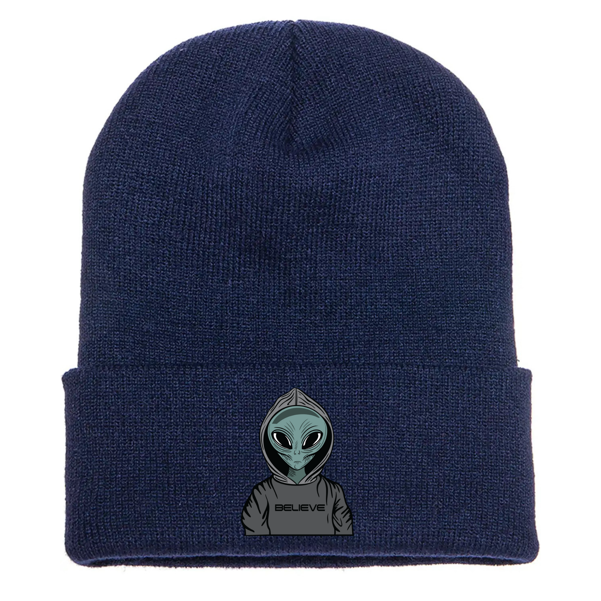 Navy acrylic beanie featuring a serious cartoon alien in a gray hoodie with the word “BELIEVE” printed across the front.