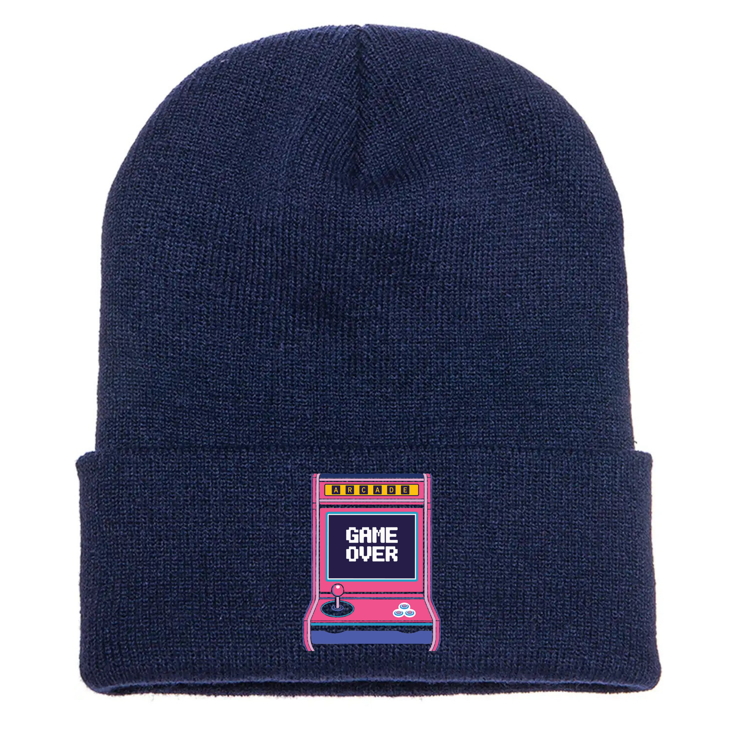 Navy cuffed beanie made of acrylic material with a retro arcade game console with the phrase “Game Over” on the screen.
