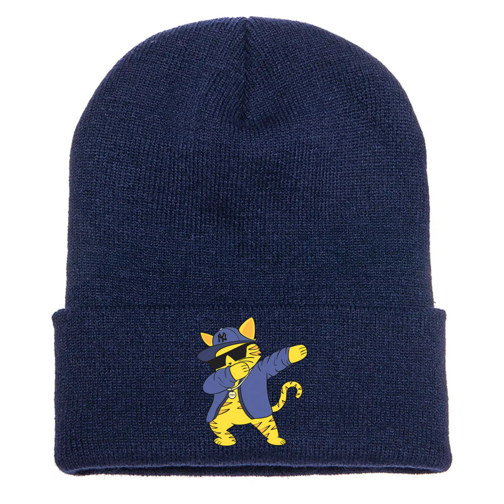 Navy cuffed beanie made of acrylic material with a cartoon cat dabb dancing in streetwear style.