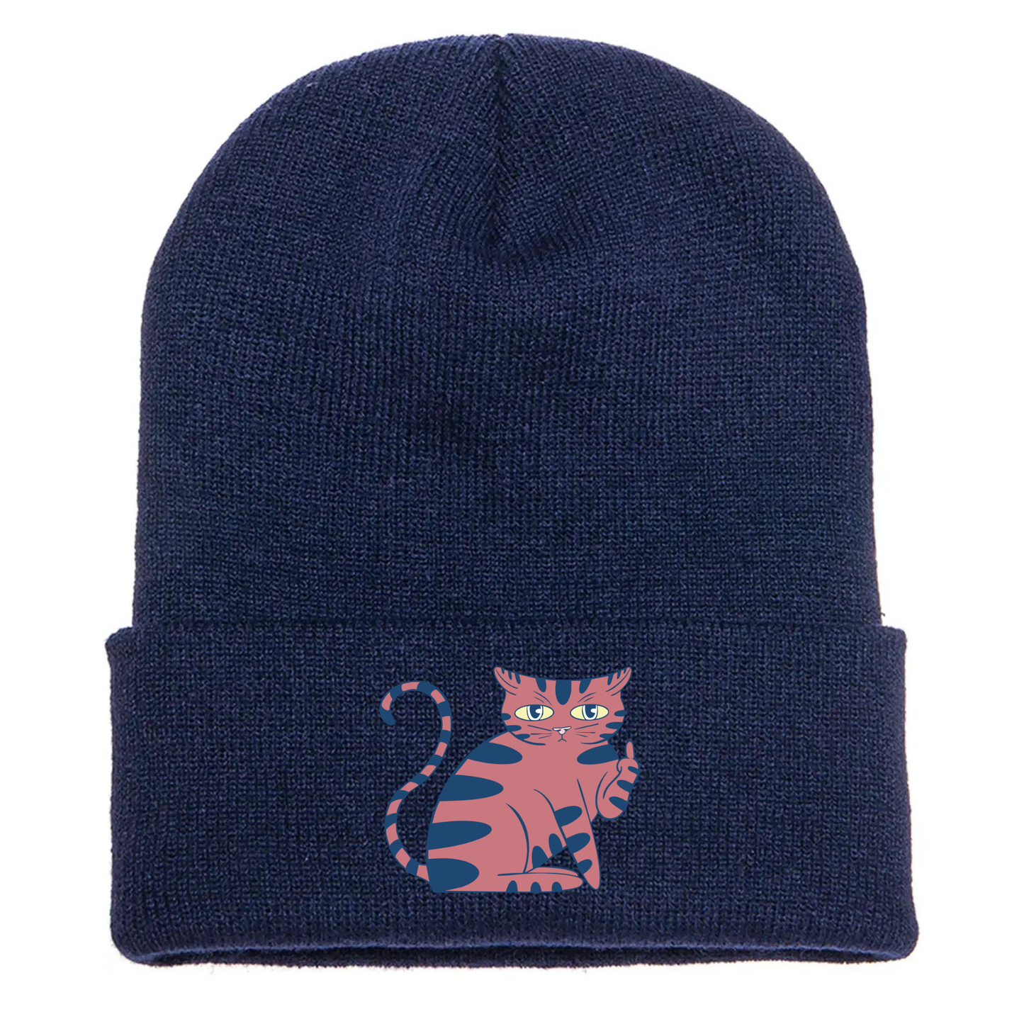 Navy cuffed beanie made of acrylic material with a cartoon cat sitting giving the middle finger up.