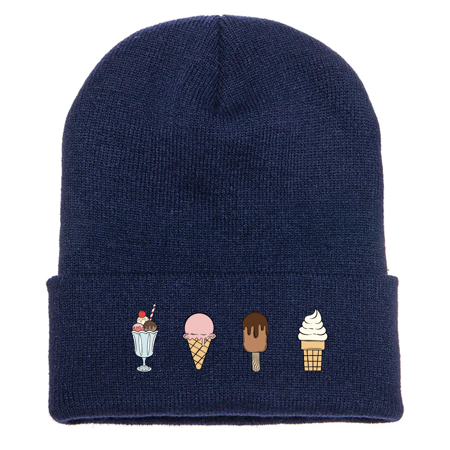 Navy acrylic cuffed beanie with four cartoon ice cream designs: sundae, cone, chocolate bar, and soft serve.