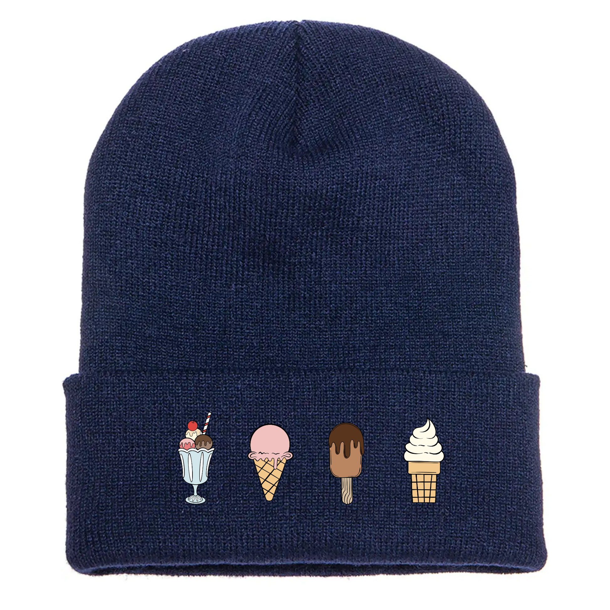 Navy acrylic cuffed beanie with four cartoon ice cream designs: sundae, cone, chocolate bar, and soft serve.