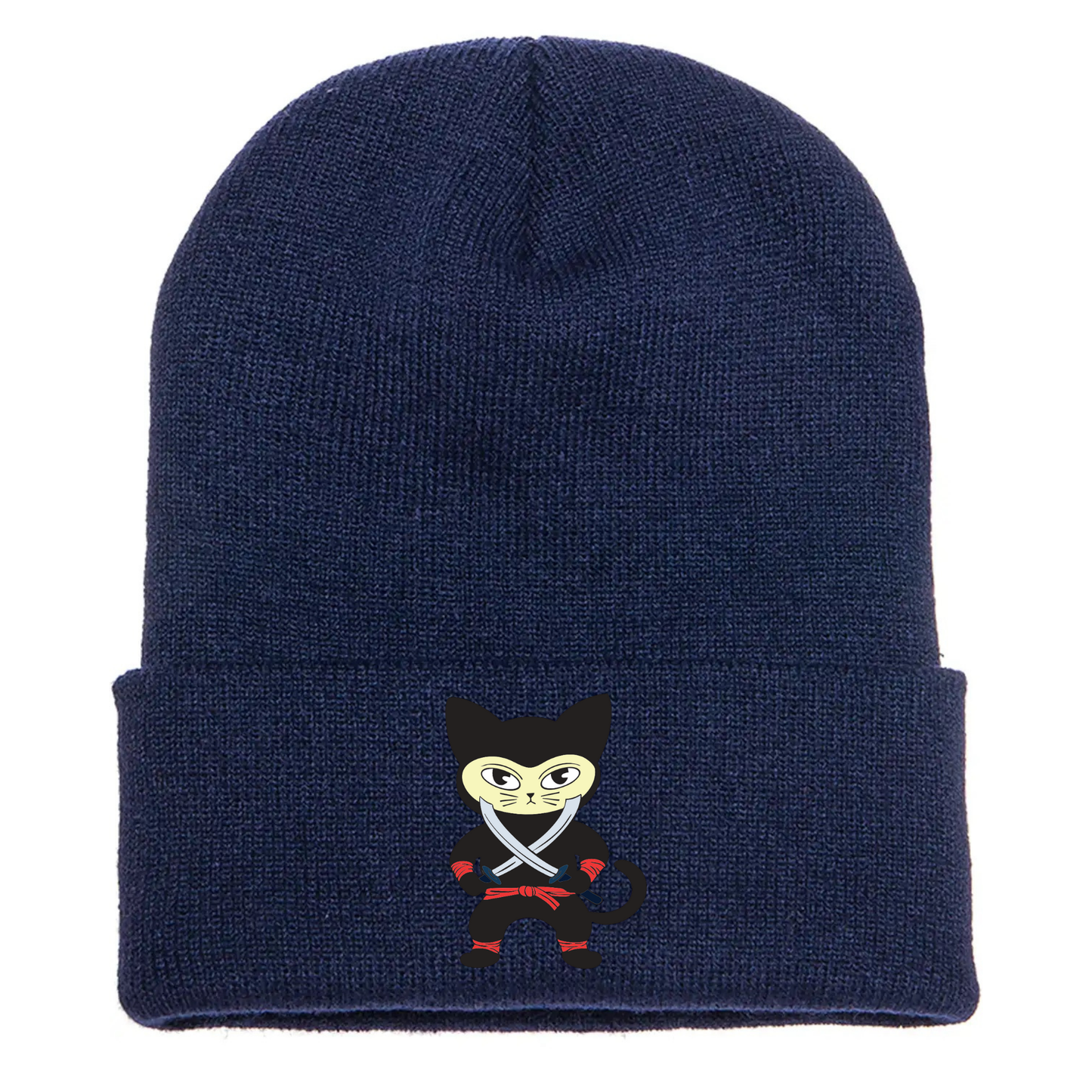 Navy cuffed beanie made of acrylic material with a cartoon cat in a black ninja outfit holding two crossing swords.