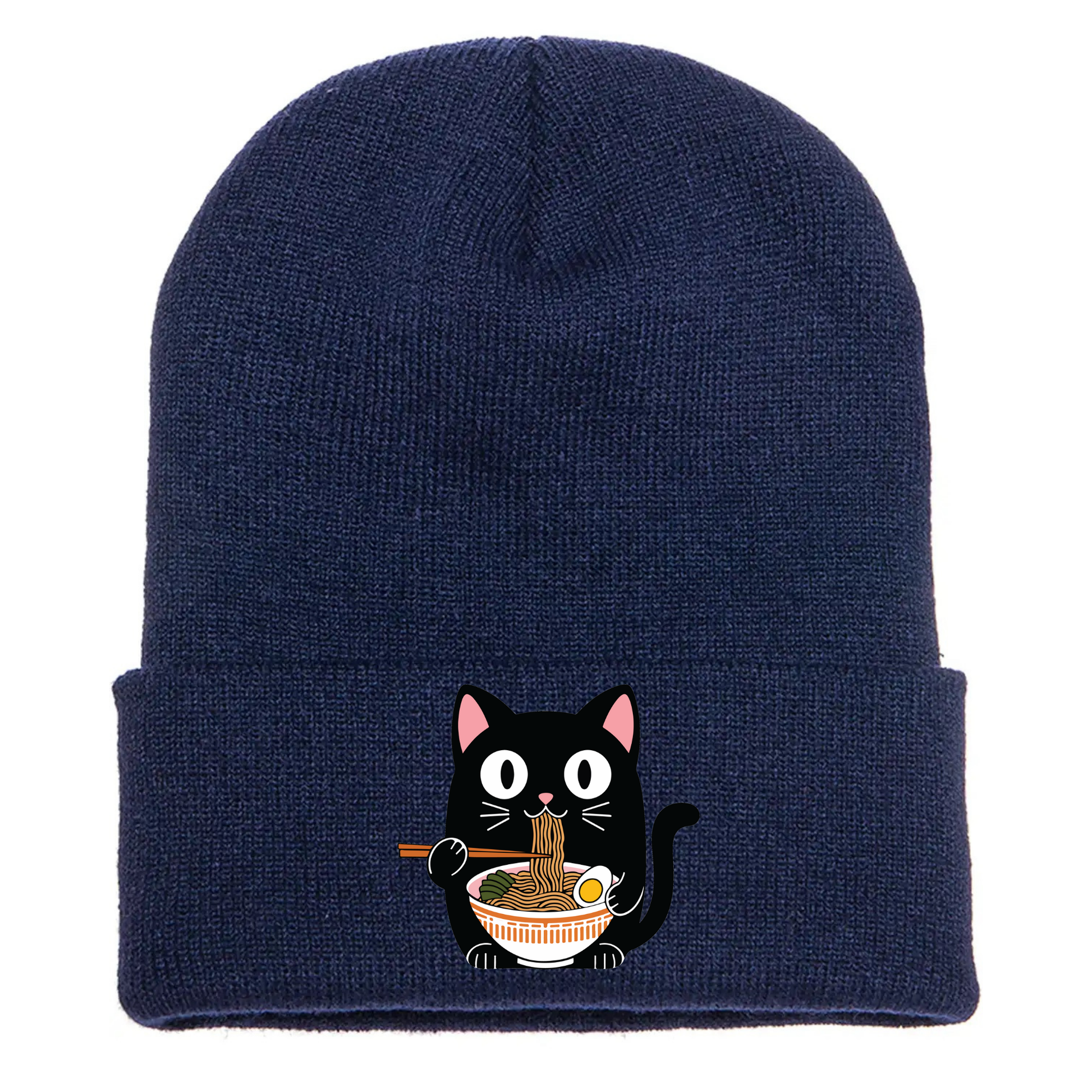Navy acrylic cuffed beanie with cartoon cat eating a a bowl of ramen.