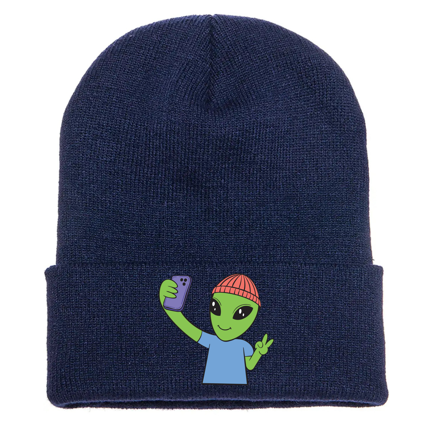 Navy acrylic beanie featuring a cartoon alien in a red beanie taking a selfie and flashing a peace sign with one hand.