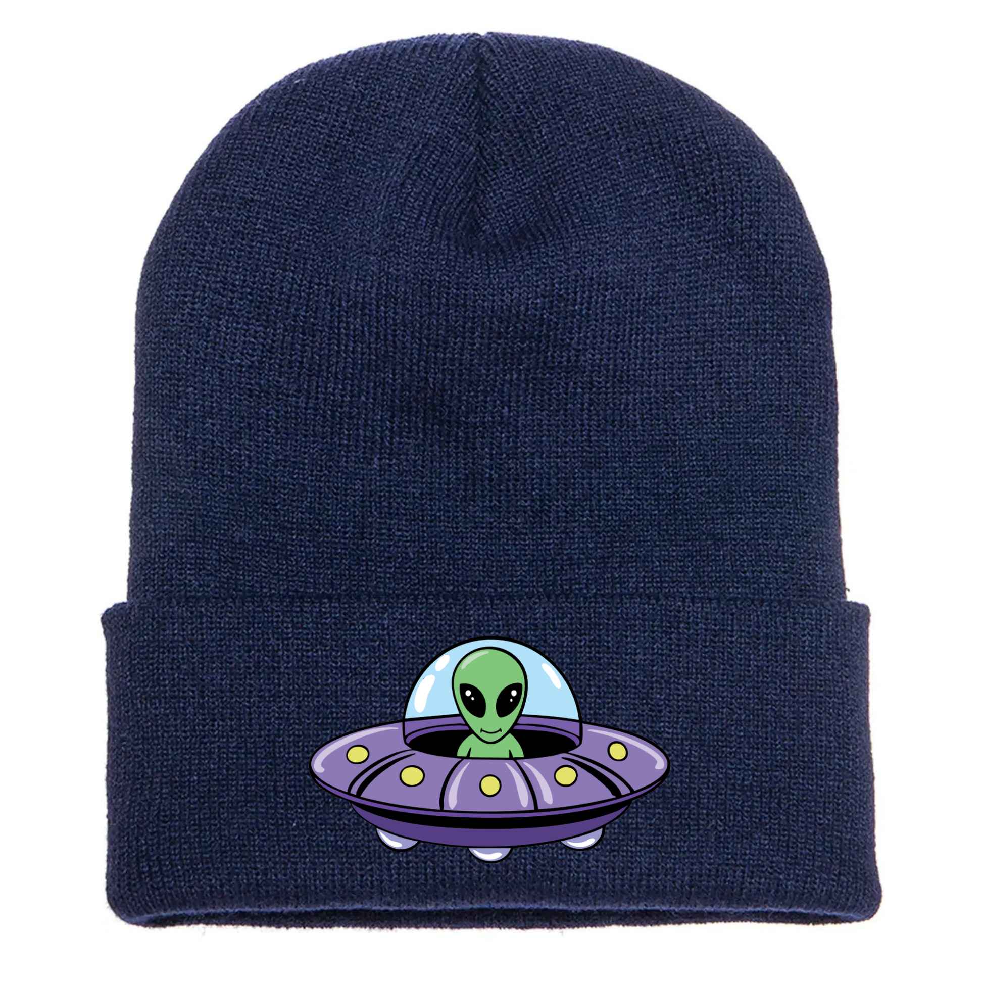 Navy acrylic beanie featuring a cartoon alien inside a purple flying saucer with yellow lights and a blue dome.